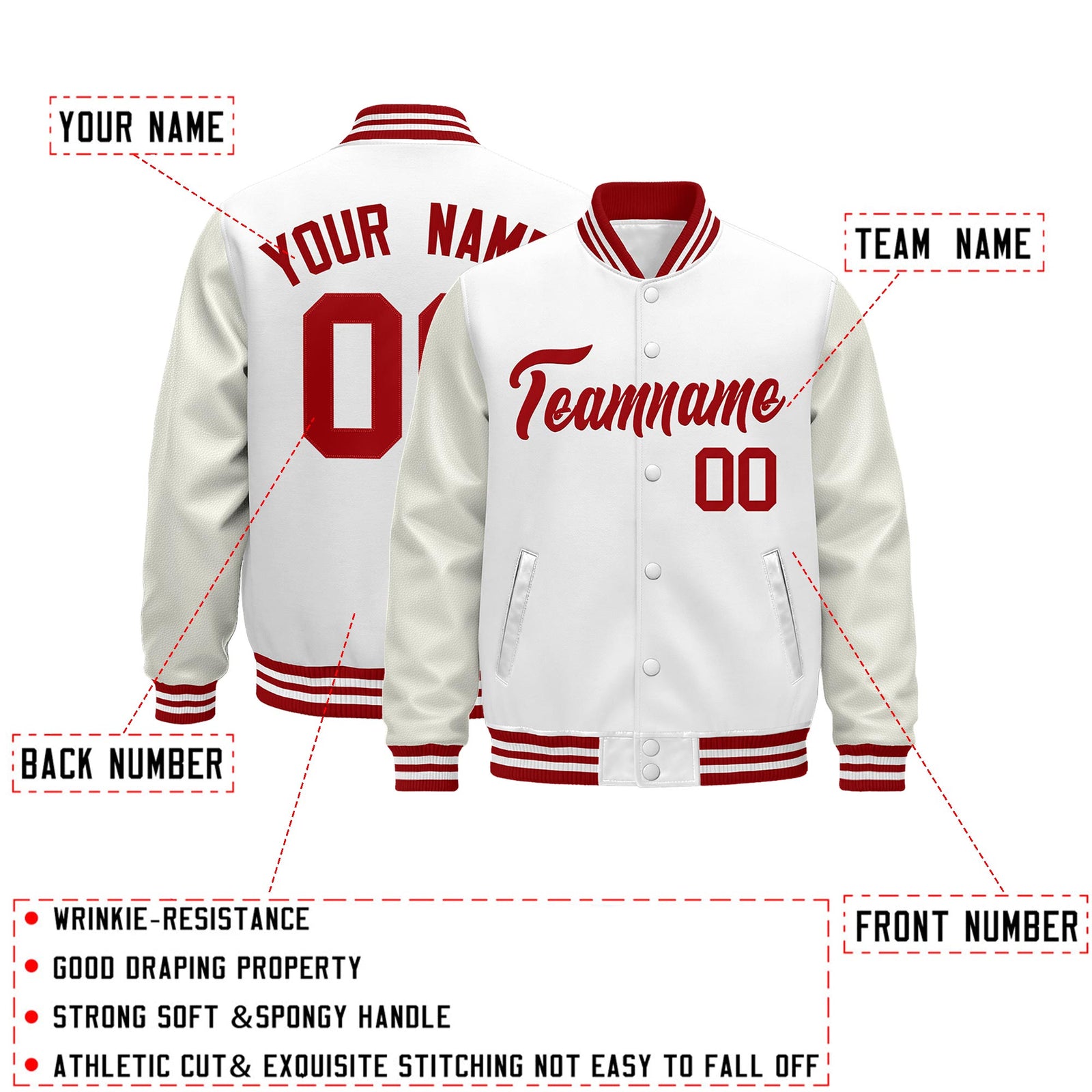 Custom White Red Classic Style Leather Sleeves Wrinkle-Resistant Jacket| KXKSHOP