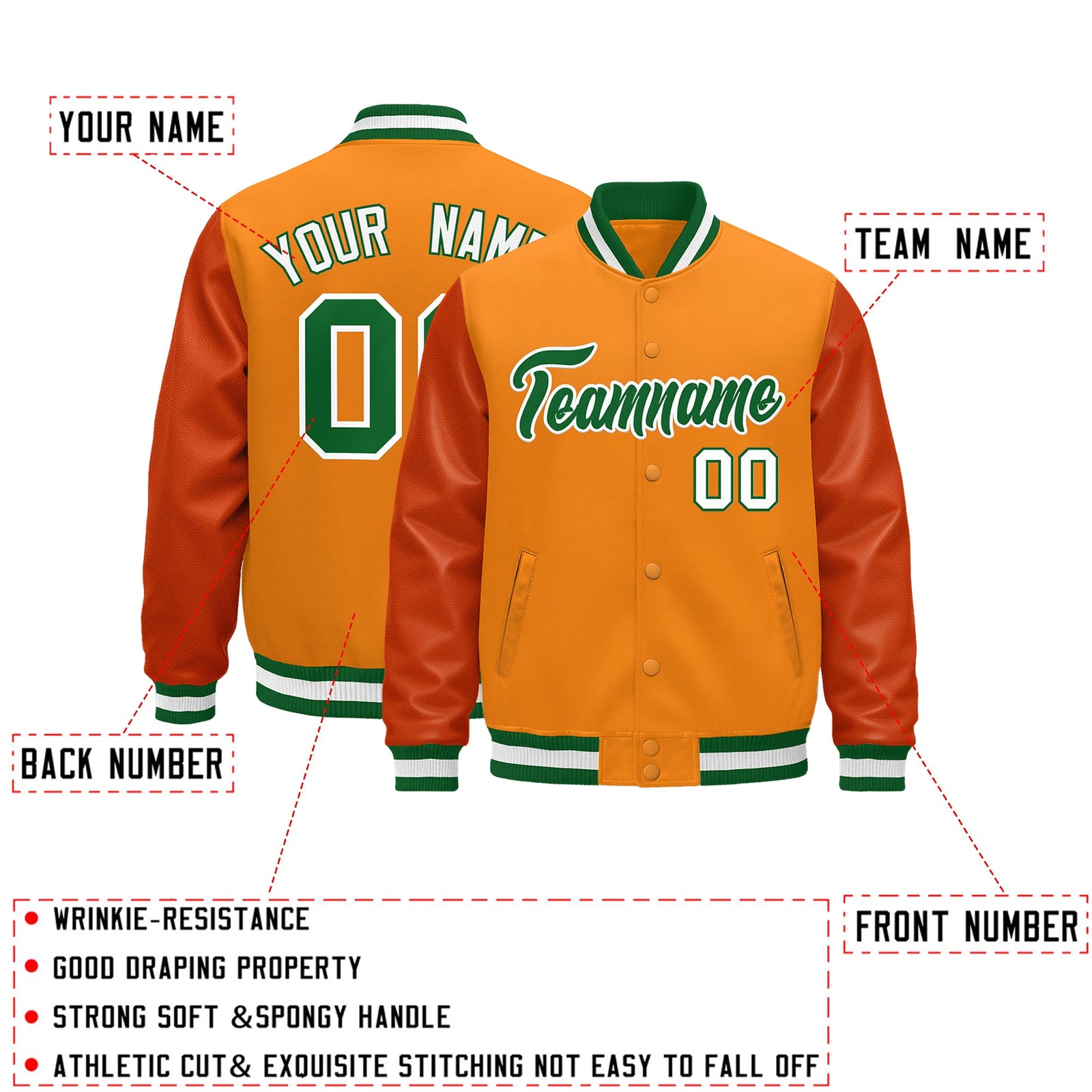 Custom Orange Kelly Green White Classic Style Leather Sleeves Wrinkle-Resistant Jacket| KXKSHOP