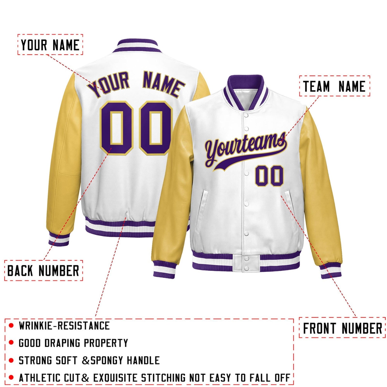 Custom White Khaki Raglan Sleeves Full-Snap Varsity Faux Leather Letterman Jacket