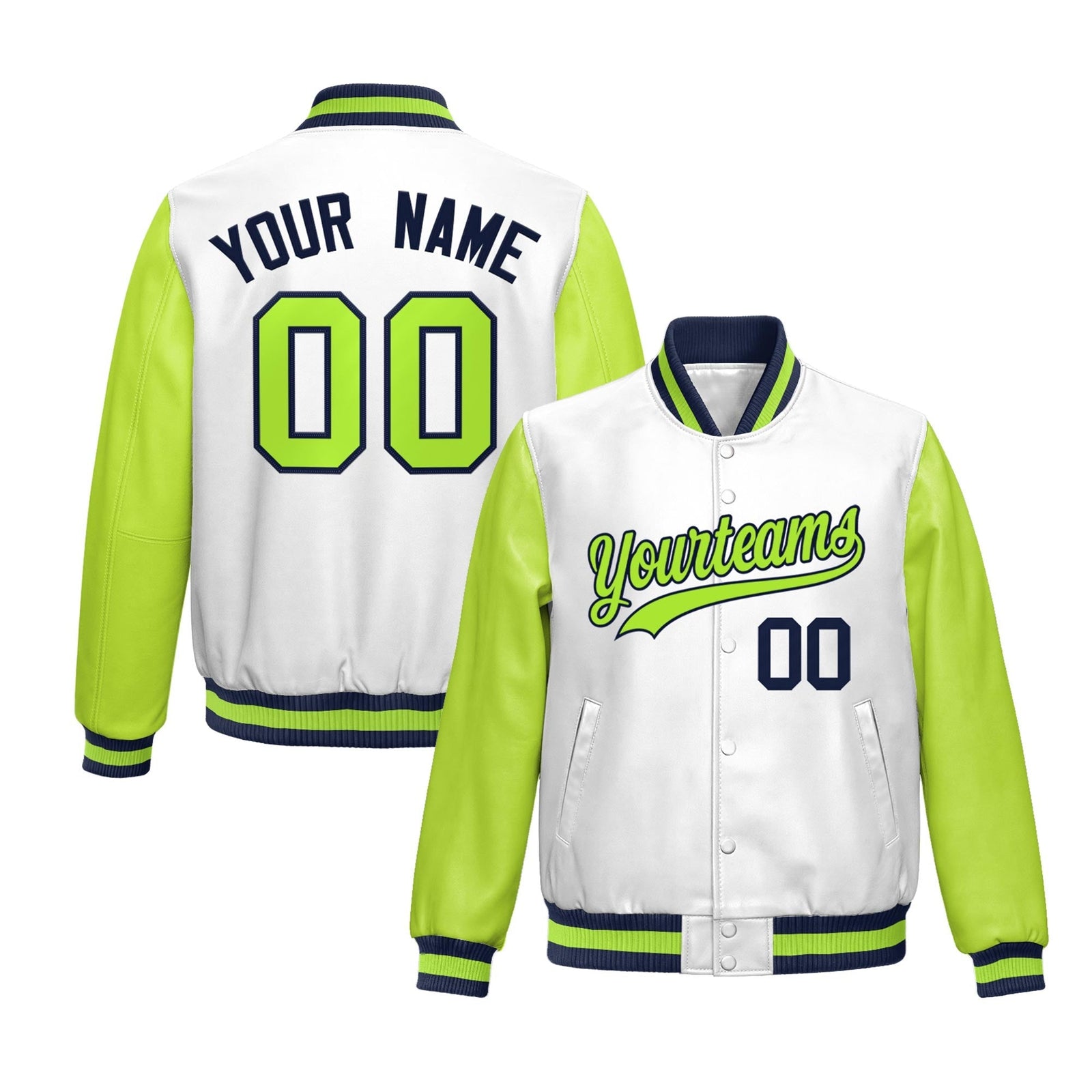 Custom White Neon Green Raglan Sleeves Full-Snap Varsity Faux Leather Letterman Jacket