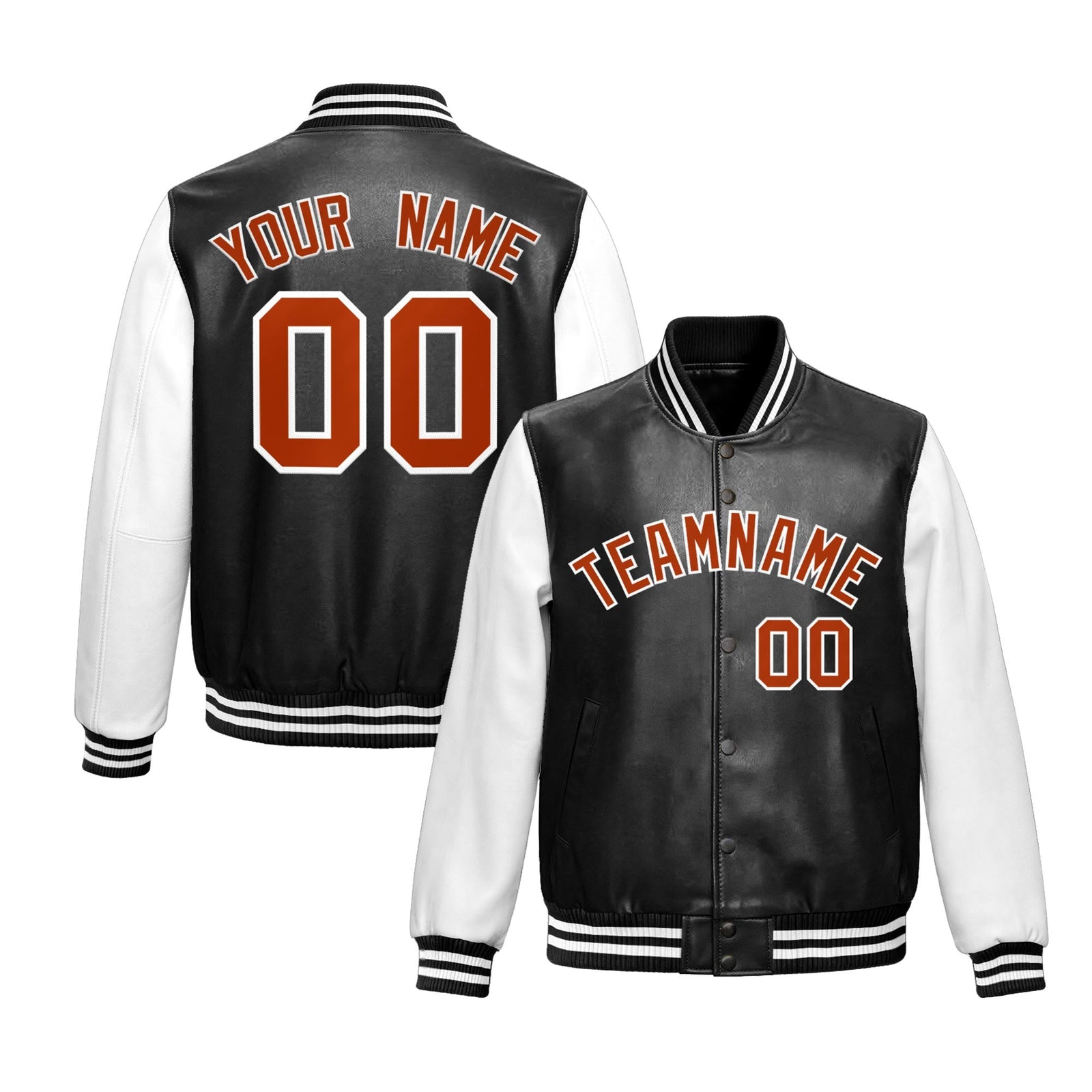 Custom Black White Dark Orange Raglan Sleeves Full-Snap Varsity Faux Leather Letterman Jacket
