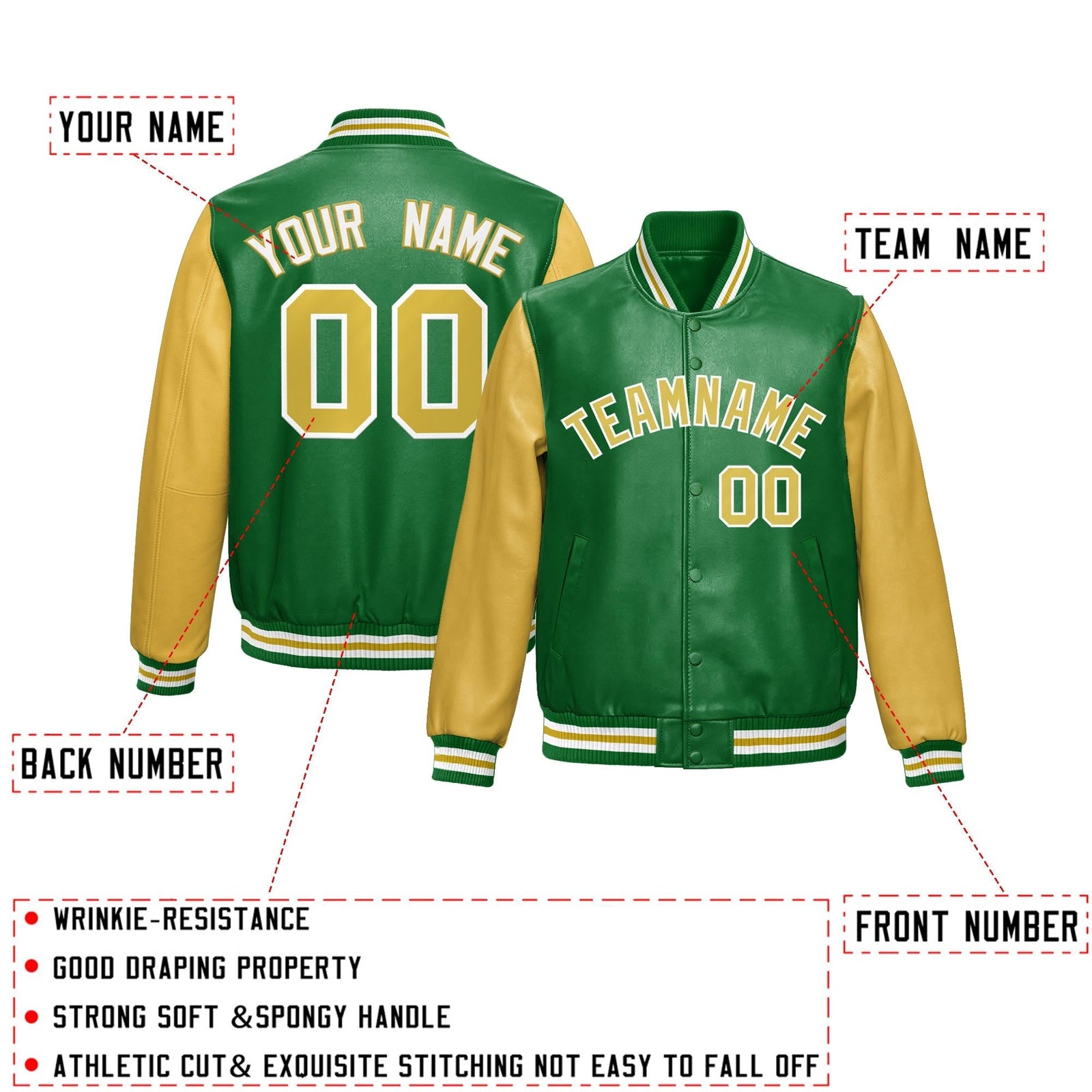 Custom Kelly Green Khaki Raglan Sleeves Full-Snap Varsity Faux Leather Letterman Jacket