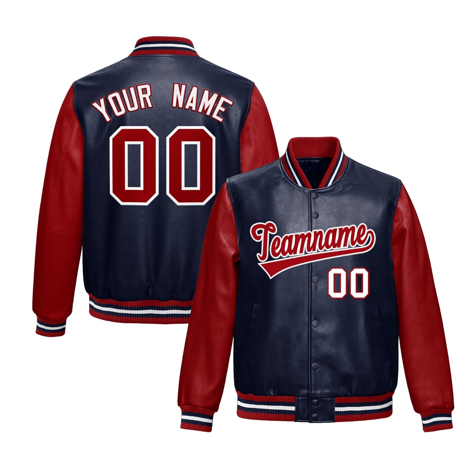 Custom Navy Red Raglan Sleeves Full-Snap Varsity Faux Leather Letterman Jacket