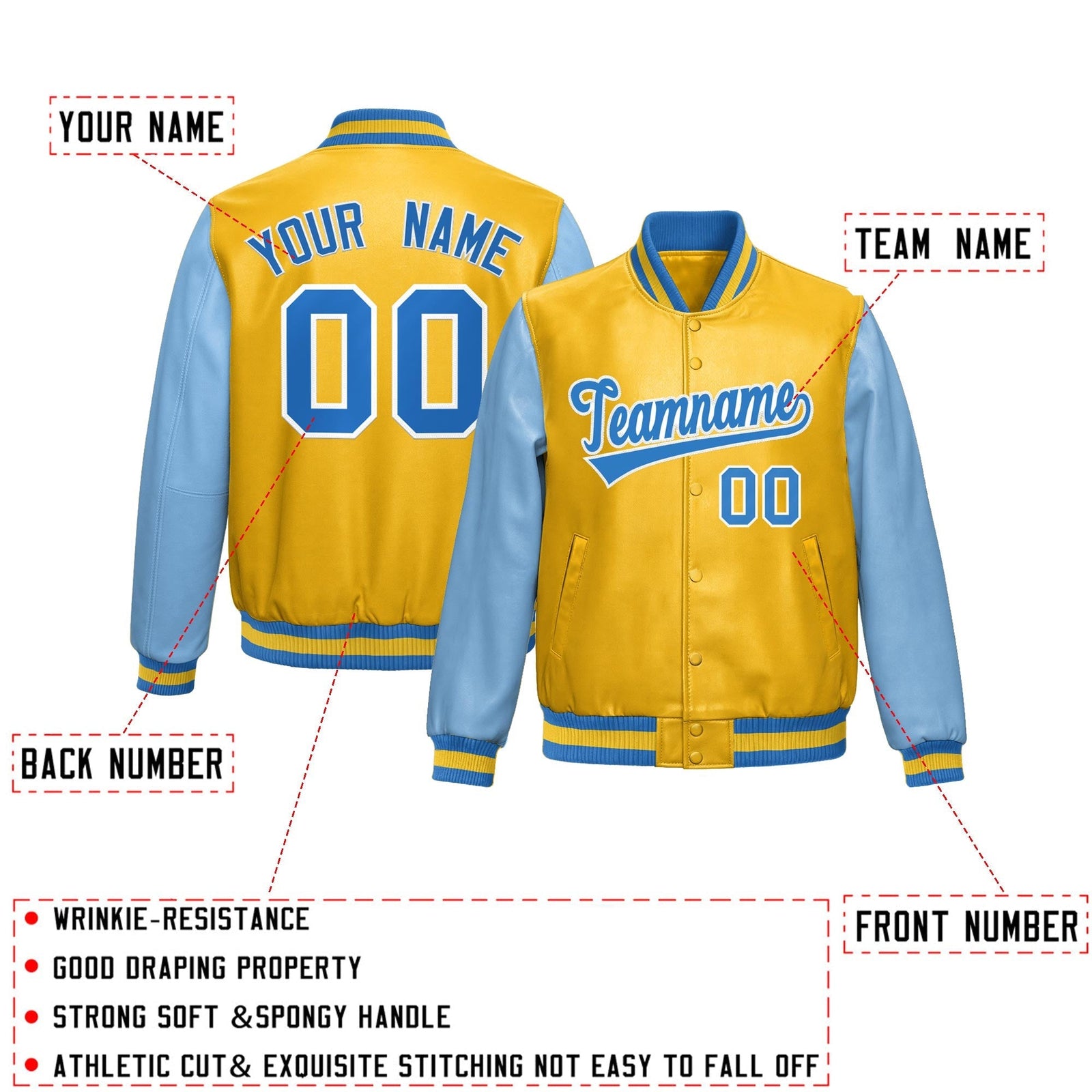 Custom Yellow Powder Blue Raglan Sleeves Full-Snap Varsity Faux Leather Letterman Jacket
