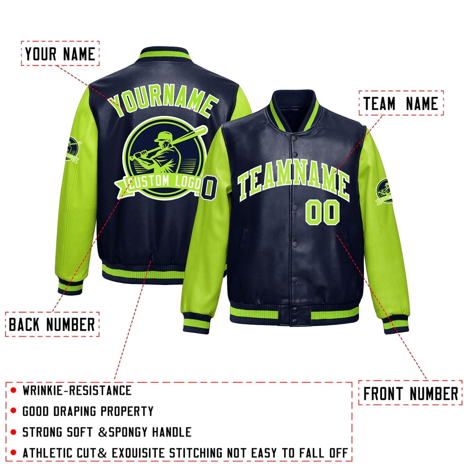 Custom Navy Neon Green Raglan Sleeves Full-Snap Faux Leather Letterman Jacket| KXKSHOP
