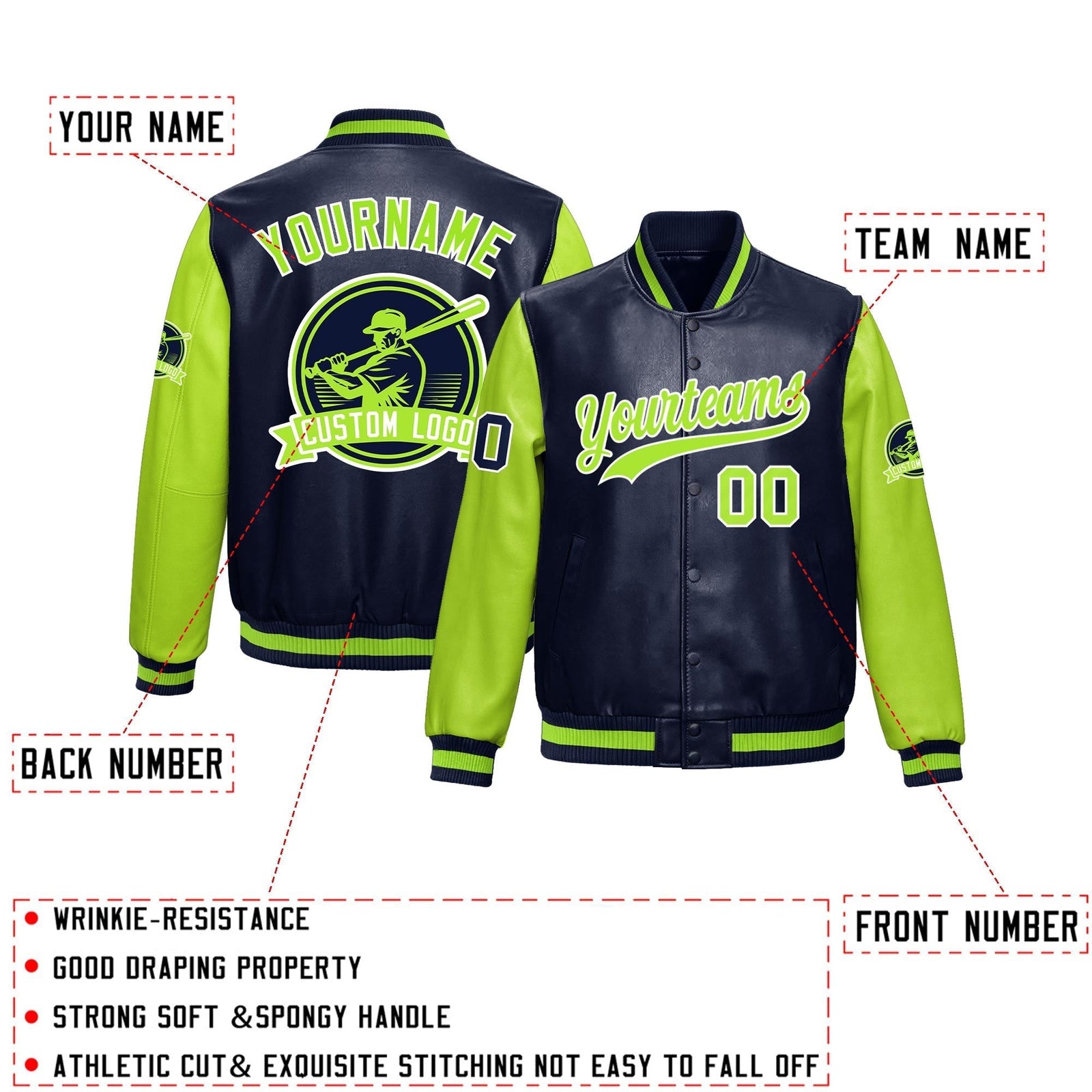 Custom Navy Neon Green Raglan Sleeves Full-Snap Faux Leather Letterman Jacket| KXKSHOP