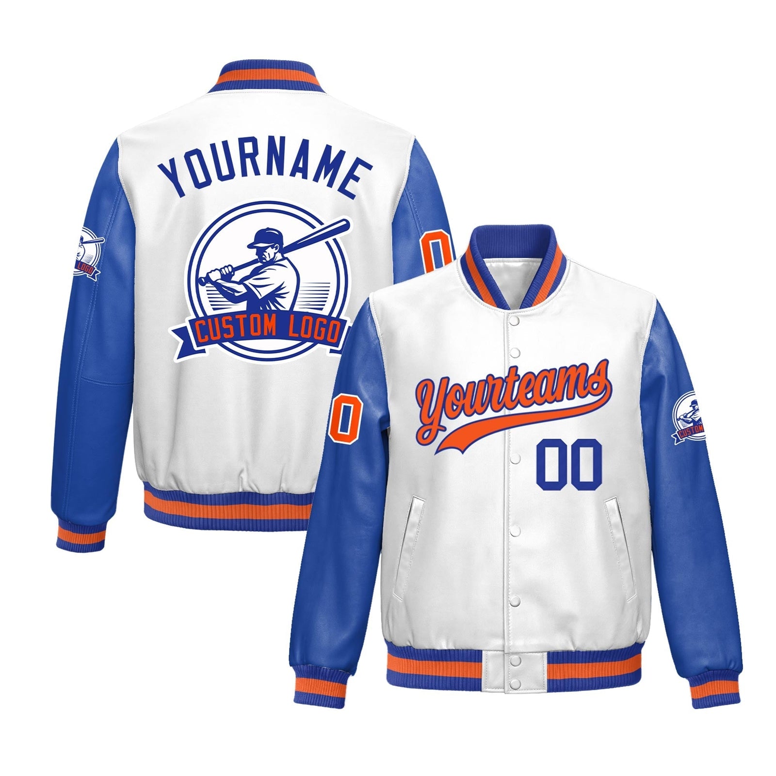 Custom Royal Blue Orange Raglan Sleeves Full-Snap Faux Leather Letterman Jacket| KXKSHOP