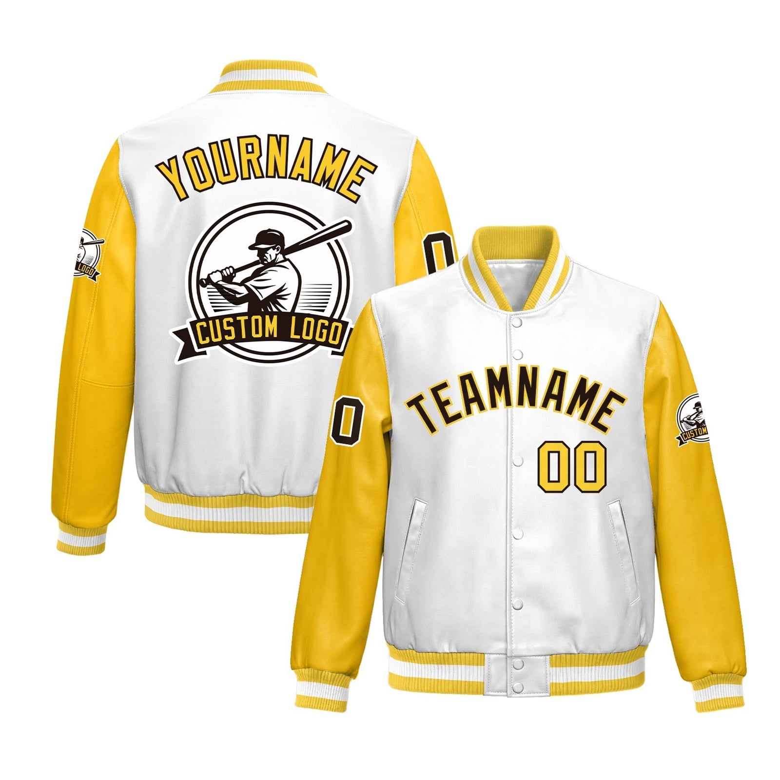 Custom Yellow Gold Raglan Sleeves Full-Snap Faux Leather Letterman Jacket| KXKSHOP