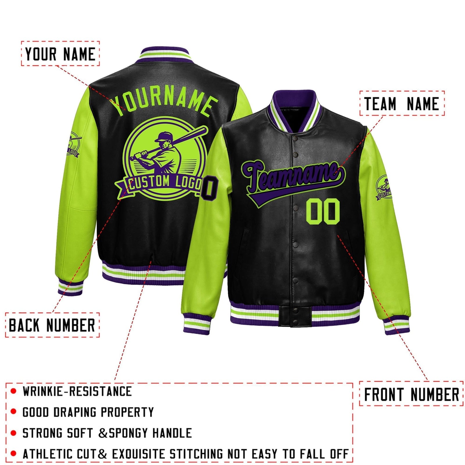 Custom Black Neon Green Raglan Sleeves Full-Snap Faux Leather Letterman Jacket| KXKSHOP