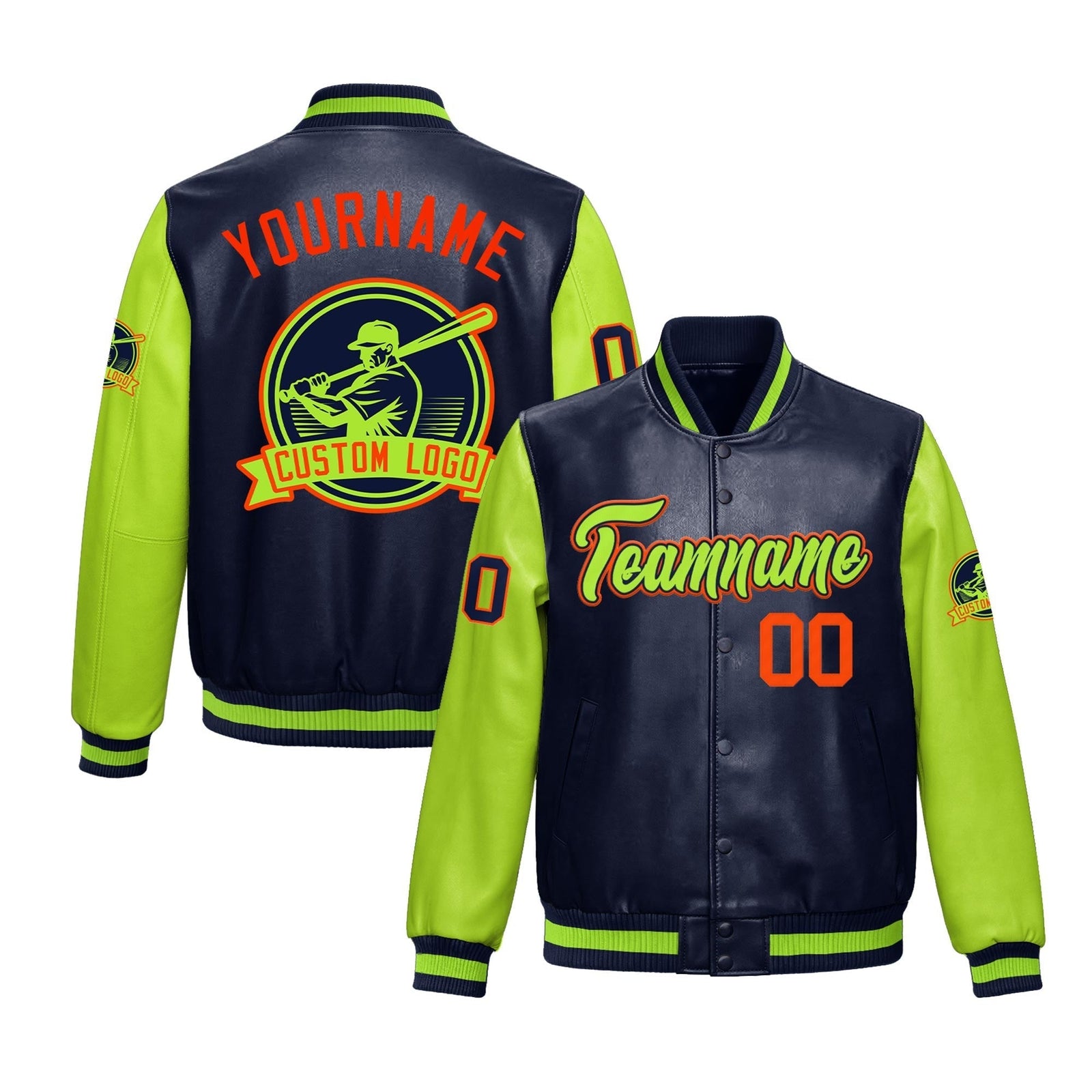 Custom Navy Neon Green Raglan Sleeves Full-Snap Faux Leather Letterman Jacket| KXKSHOP