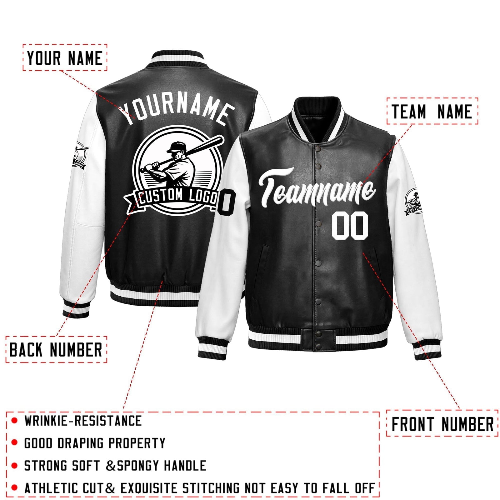 Custom Black White Raglan Sleeves Full-Snap Faux Leather Letterman Jacket| KXKSHOP