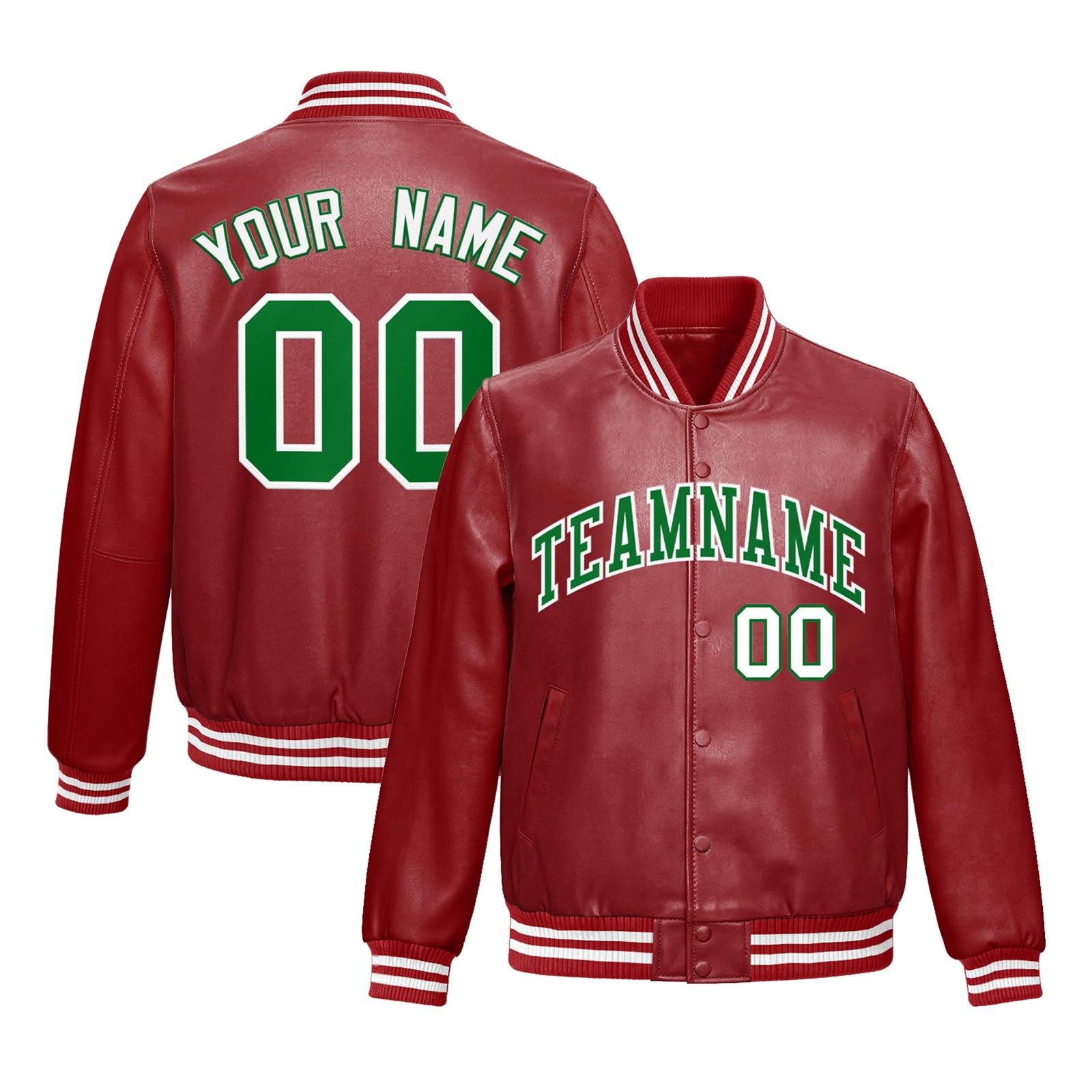 Custom Red Kelly Green Full-Snap Varsity Faux Leather Letterman Jacket| KXKSHOP