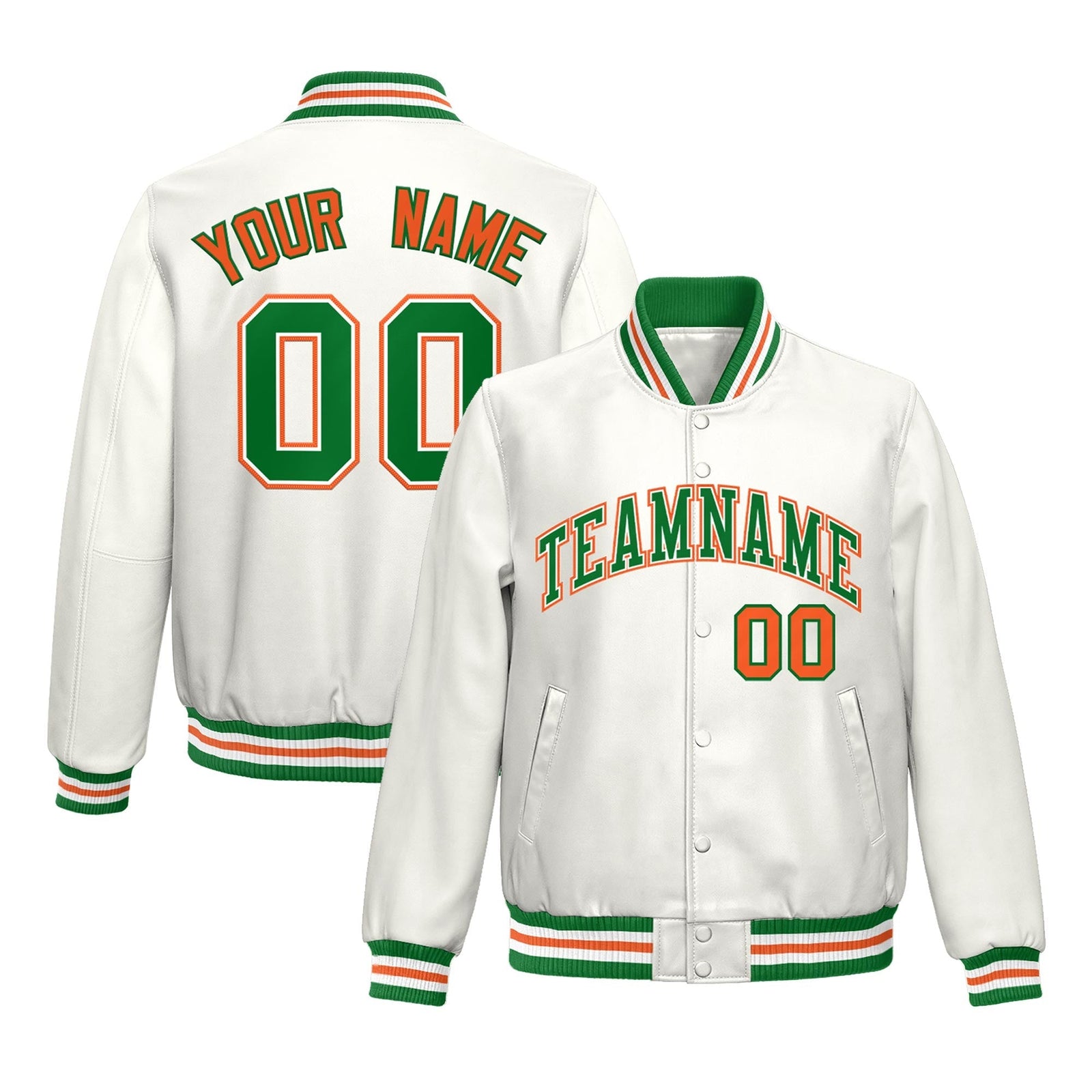 Custom White Kelly Green Orange Full-Snap Varsity Faux Leather Letterman Jacket| KXKSHOP