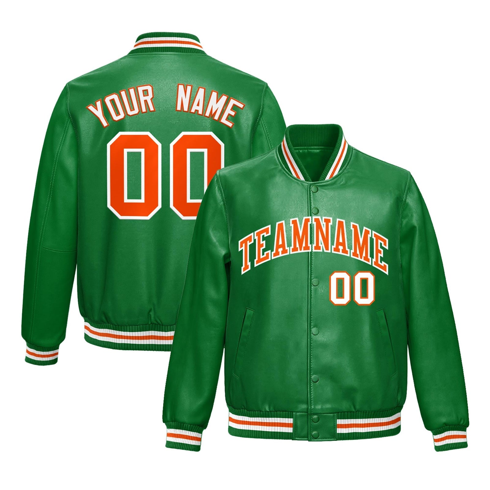 Custom Kelly Green Orange Full-Snap Varsity Faux Leather Letterman Jacket| KXKSHOP