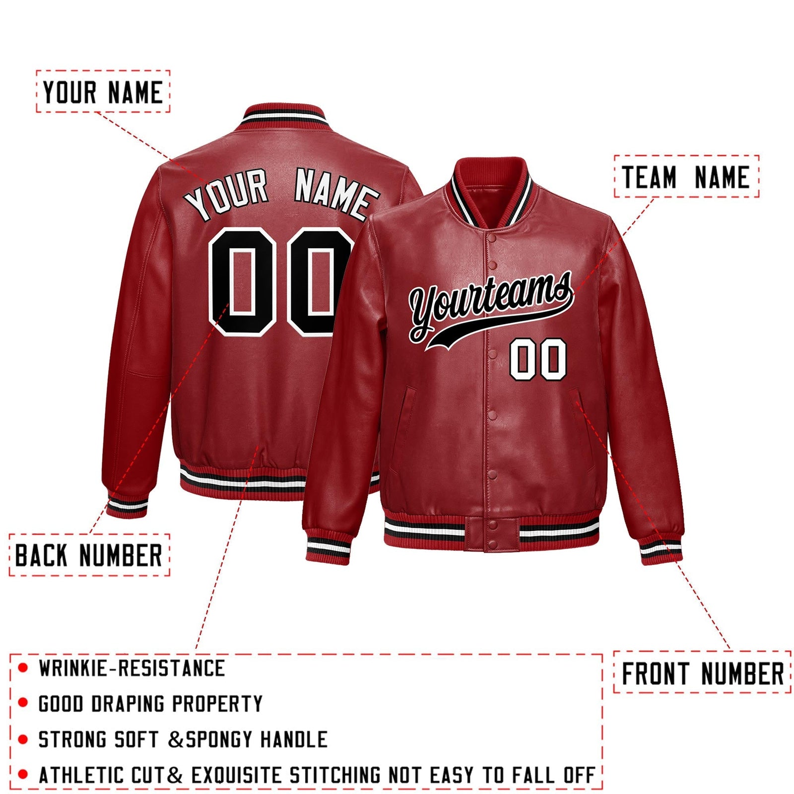 Custom Red Black Full-Snap Varsity Faux Leather Letterman Jacket| KXKSHOP