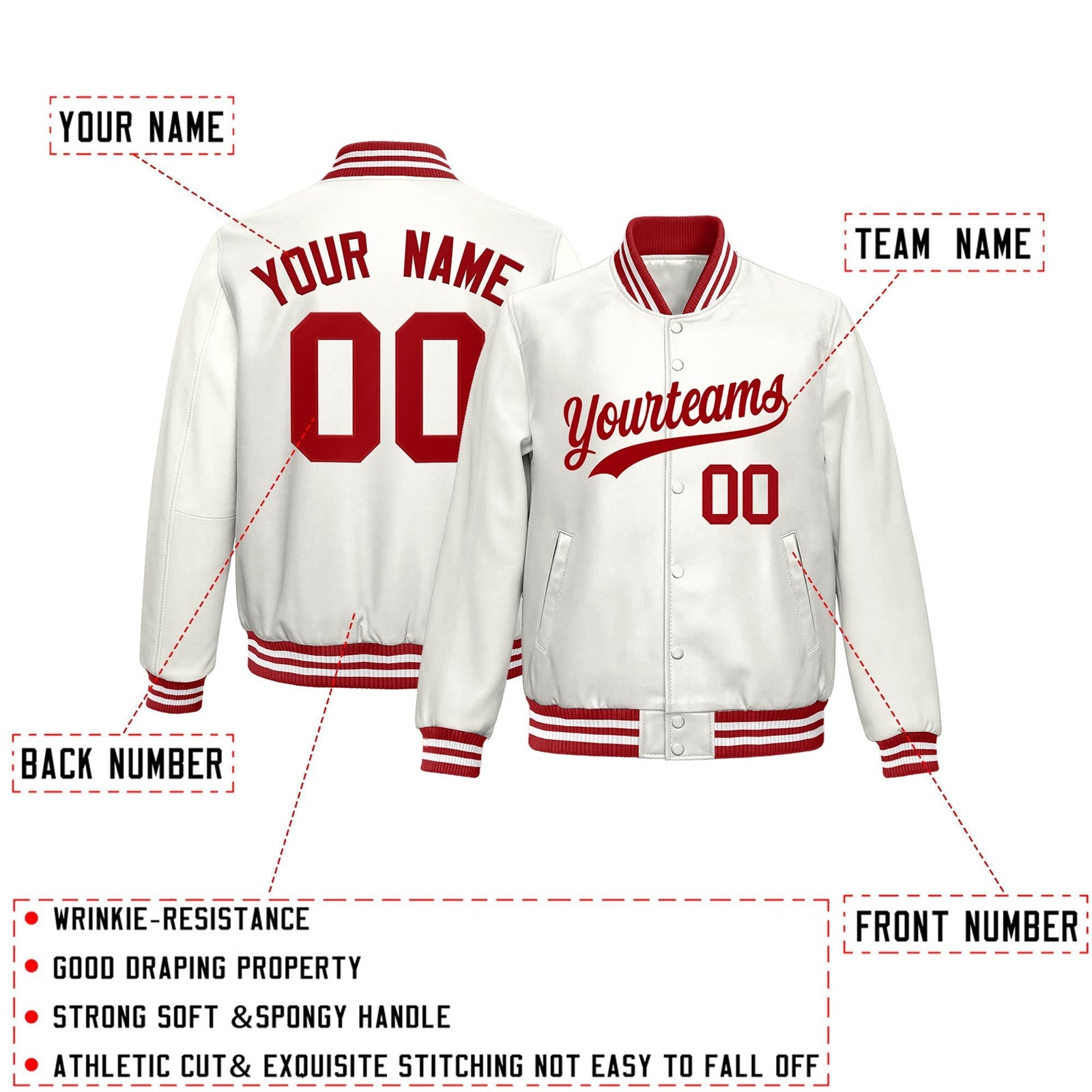 Custom White Red Full-Snap Varsity Faux Leather Letterman Jacket| KXKSHOP
