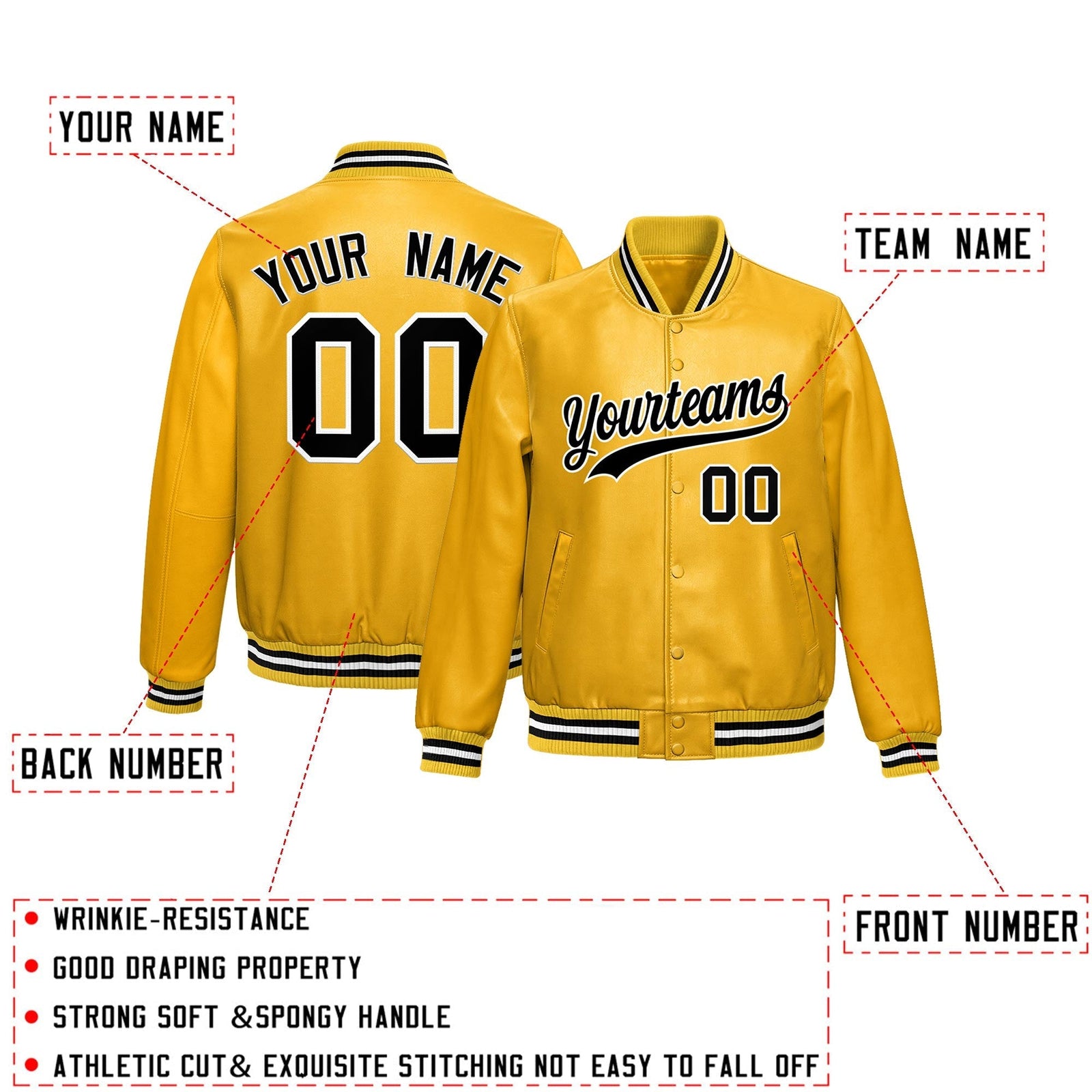 Custom Yellow Black Full-Snap Varsity Faux Leather Letterman Jacket| KXKSHOP