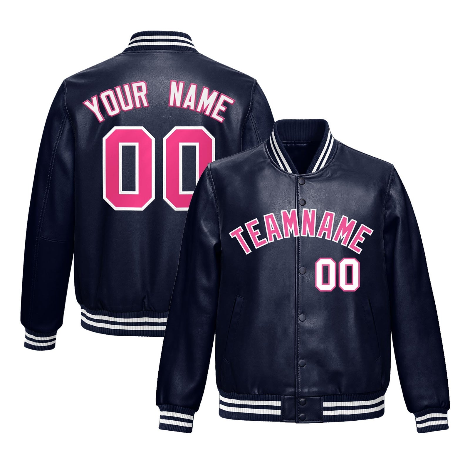 Custom Navy Pink Full-Snap Varsity Faux Leather Letterman Jacket| KXKSHOP