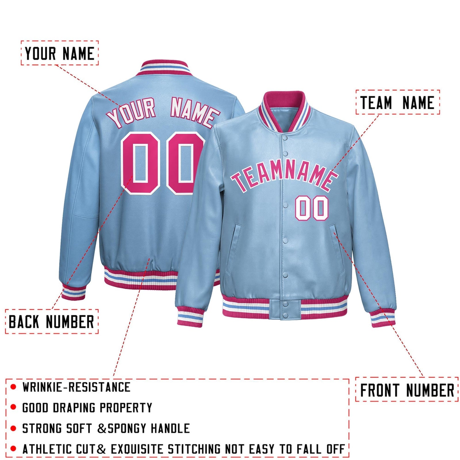 Custom Powder Blue Pink Full-Snap Varsity Faux Leather Letterman Jacket| KXKSHOP
