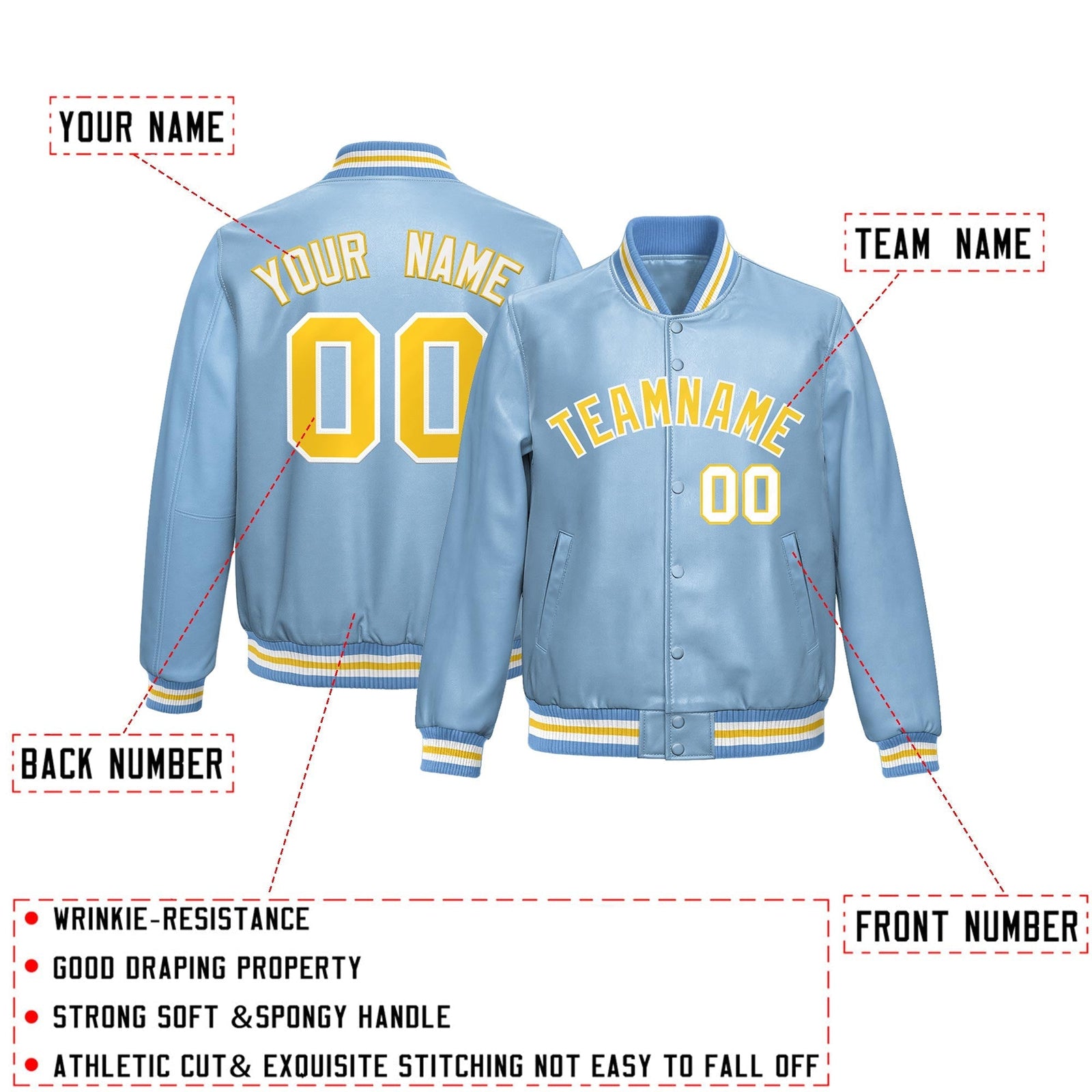 Custom Powder Blue Gold Full-Snap Varsity Faux Leather Letterman Jacket| KXKSHOP