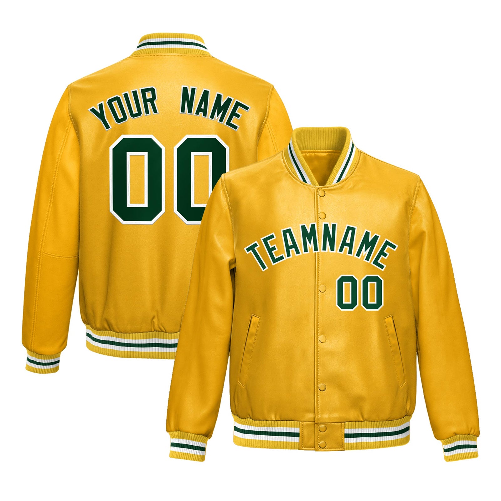 Custom Yellow Dark Green Full-Snap Varsity Faux Leather Letterman Jacket| KXKSHOP