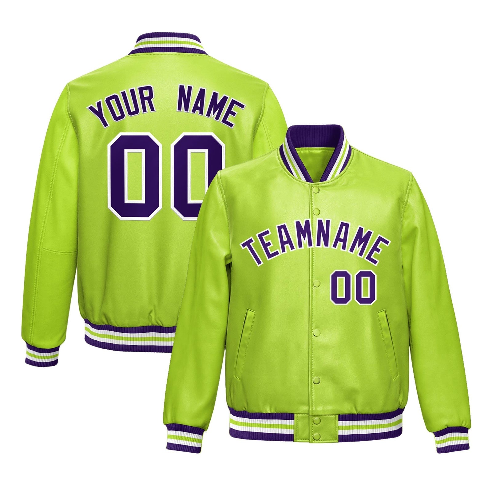 Custom Neon Green Purple Full-Snap Varsity Faux Leather Letterman Jacket| KXKSHOP