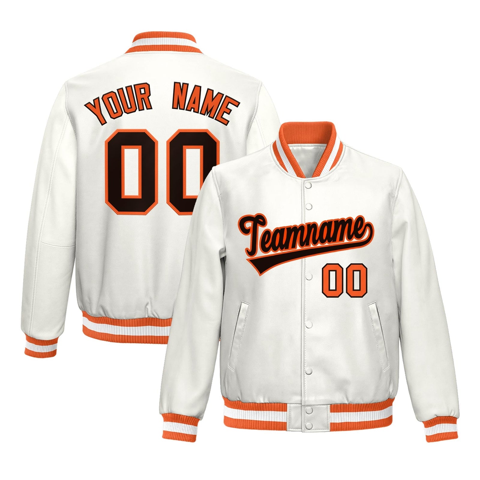 Custom Orange White Full-Snap Varsity Faux Leather Letterman Jacket| KXKSHOP