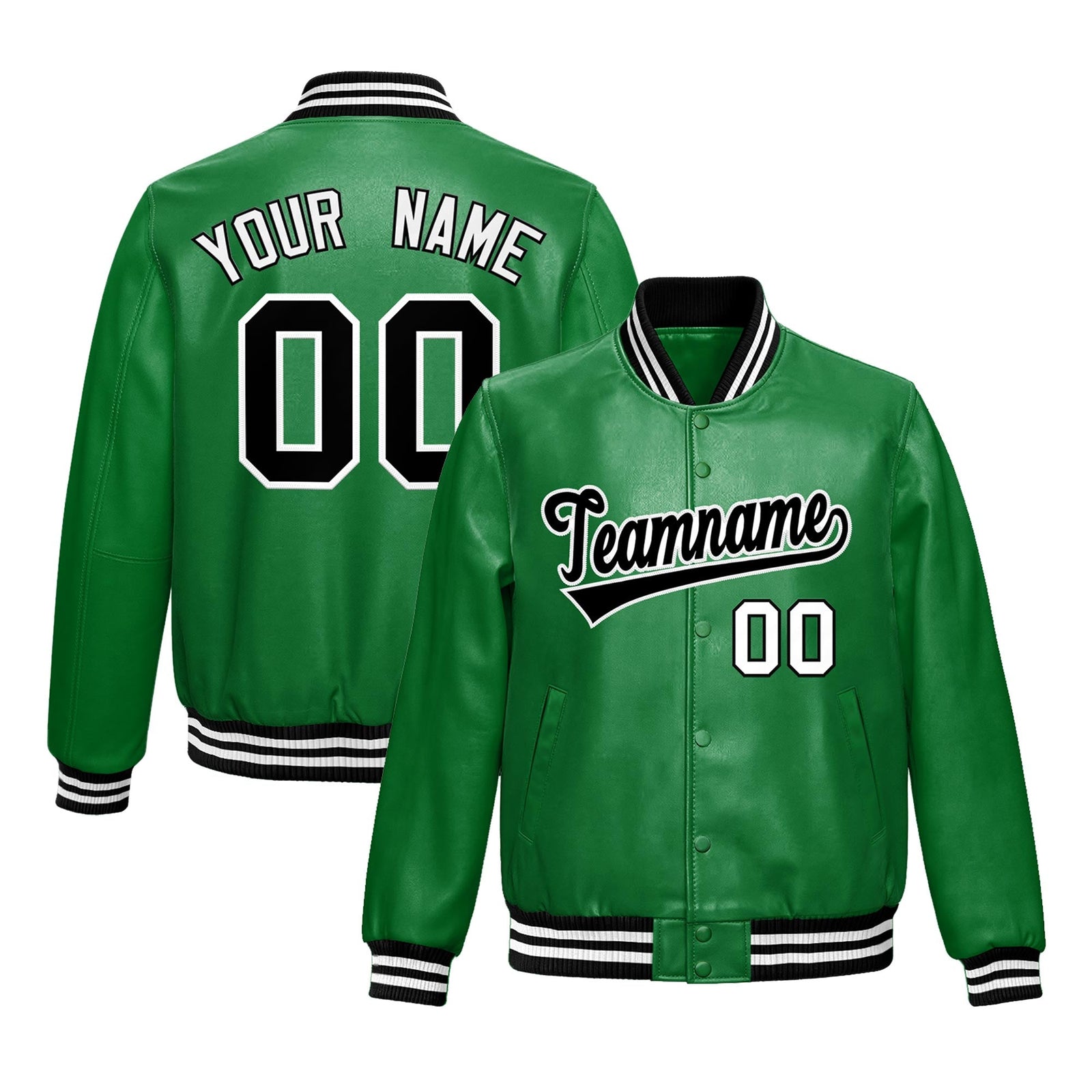 Custom Kelly Green Black Full-Snap Varsity Faux Leather Letterman Jacket| KXKSHOP