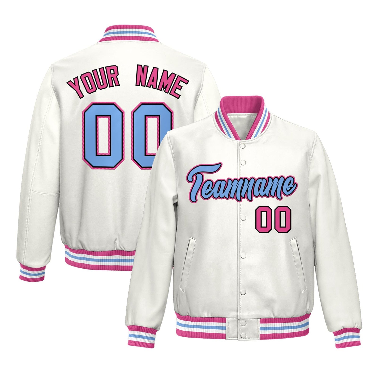 Custom White Pink Full-Snap Varsity Faux Leather Letterman Jacket| KXKSHOP