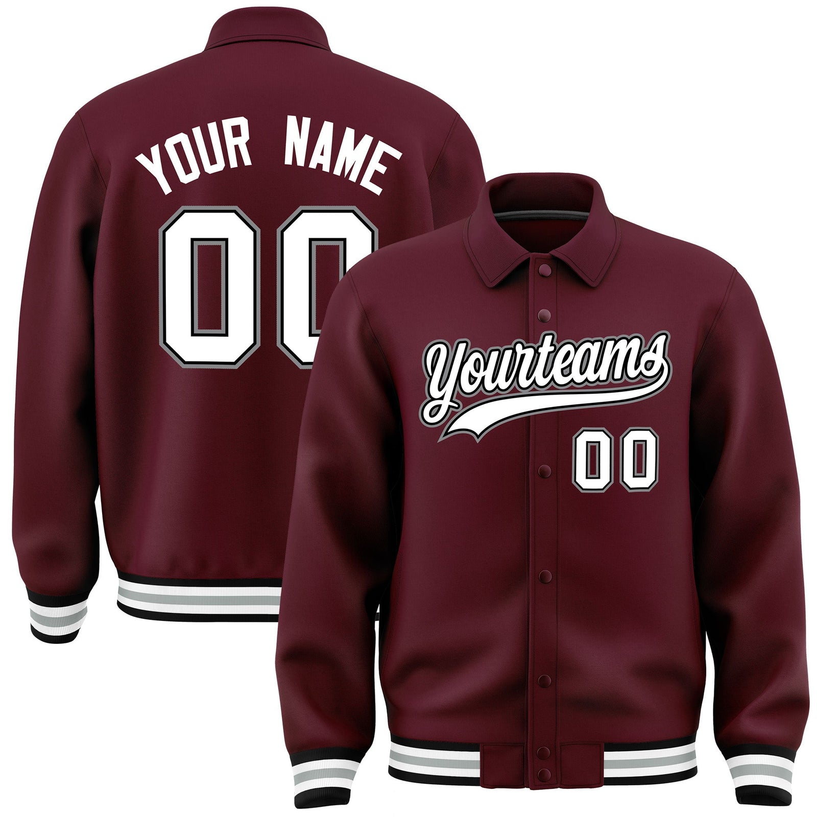 Custom Burgundy, White, Black, Grey collared coach jacket - front and back view - Style 1 | KXKSHOP