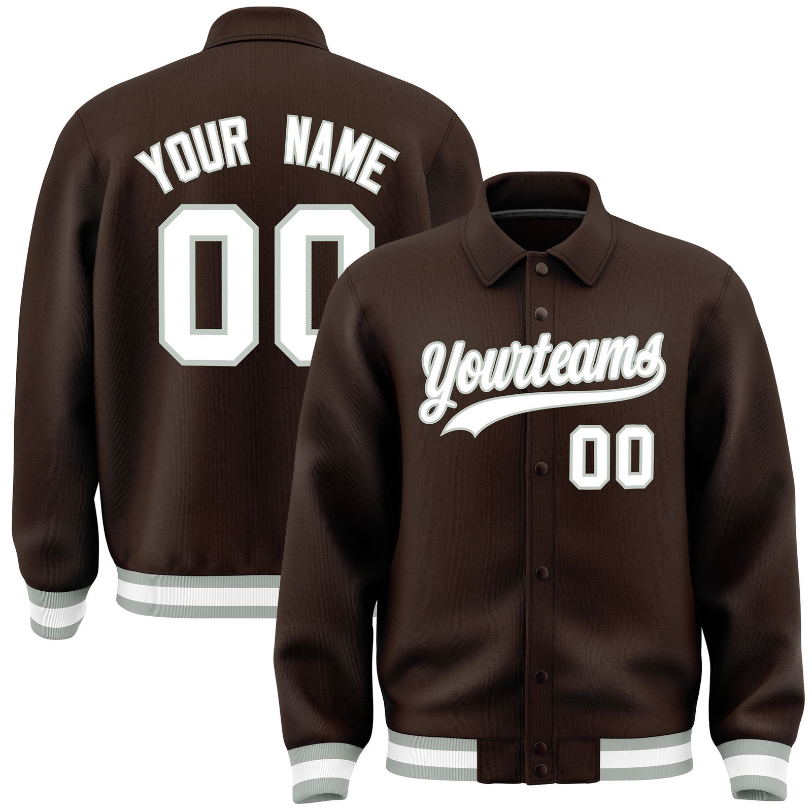 Custom Brown, White, Grey collared coach jacket - front and back view - Style 1 | KXKSHOP