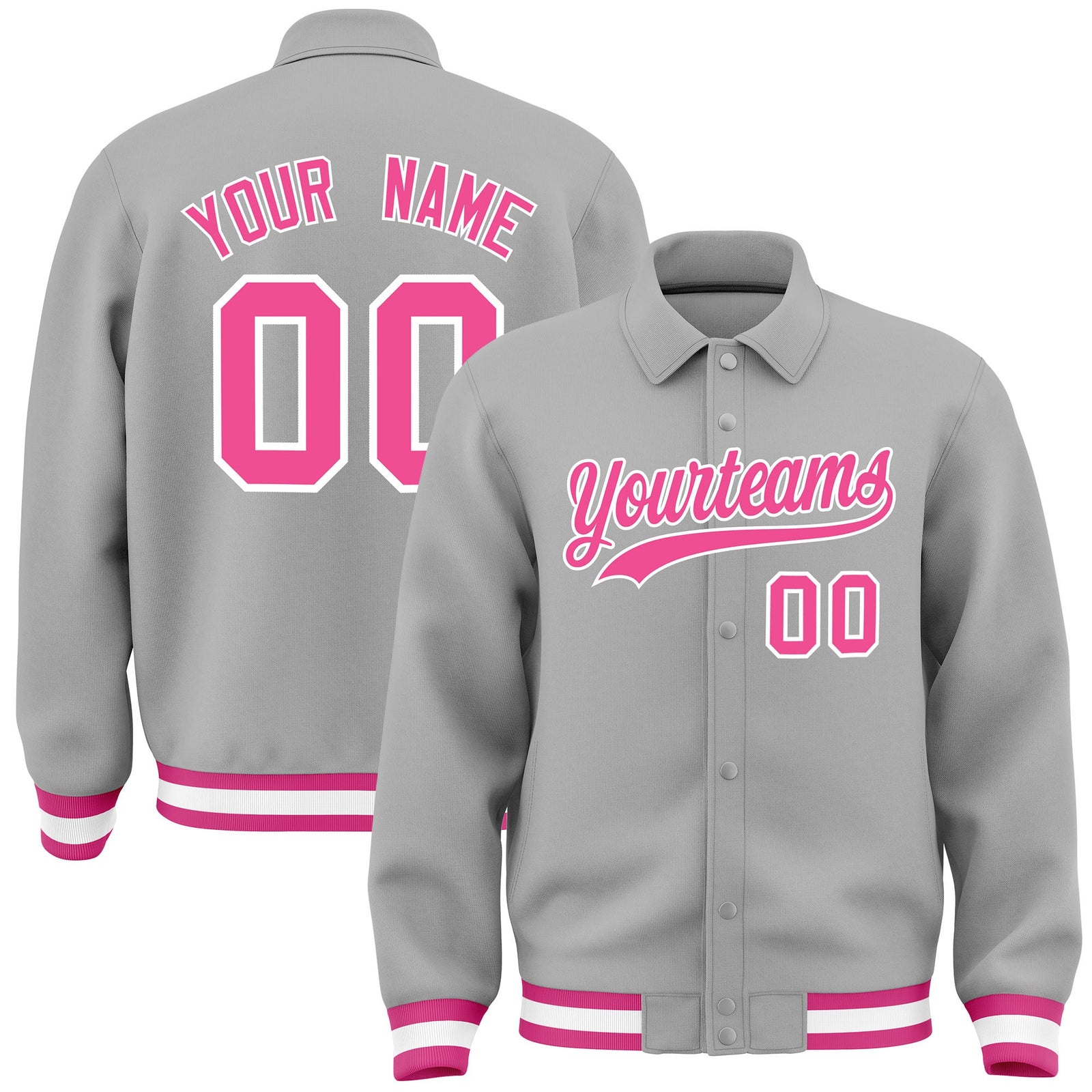 Custom Grey, Pink, White collared coach jacket - front and back view - Style 1 | KXKSHOP