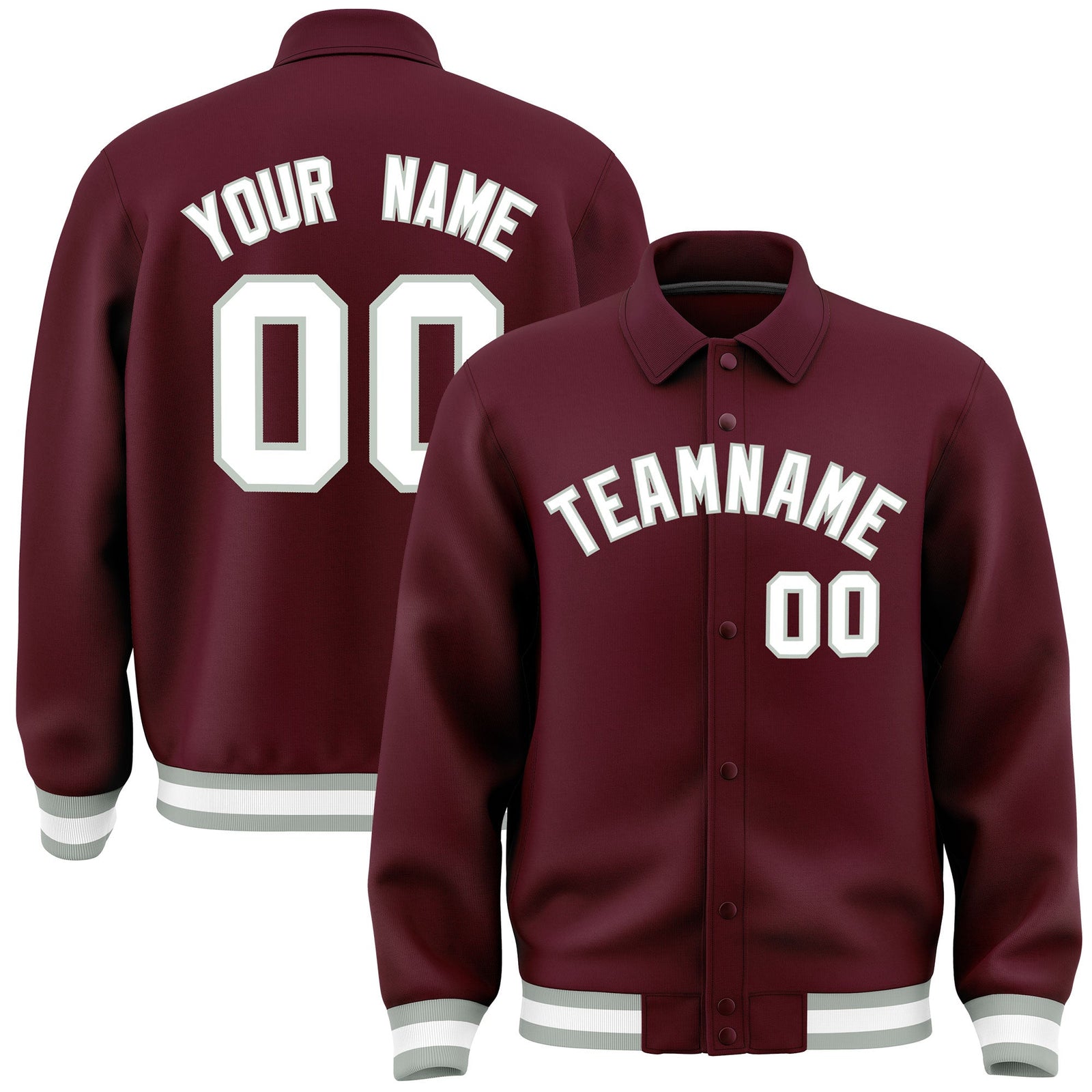 Custom Burgundy, White, Grey collared coach jacket - front and back view - Style 4 | KXKSHOP