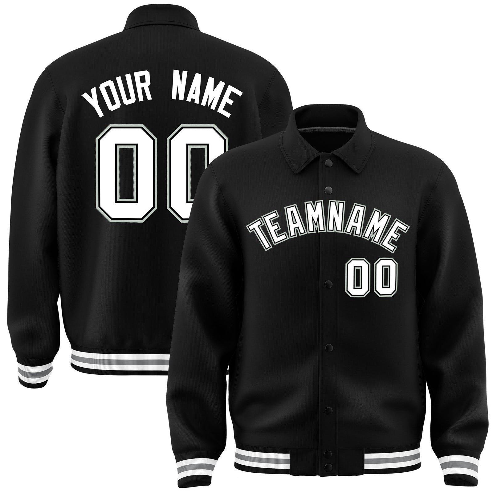 Custom Black, White, Grey collared coach jacket - front and back view - Style 4 | KXKSHOP