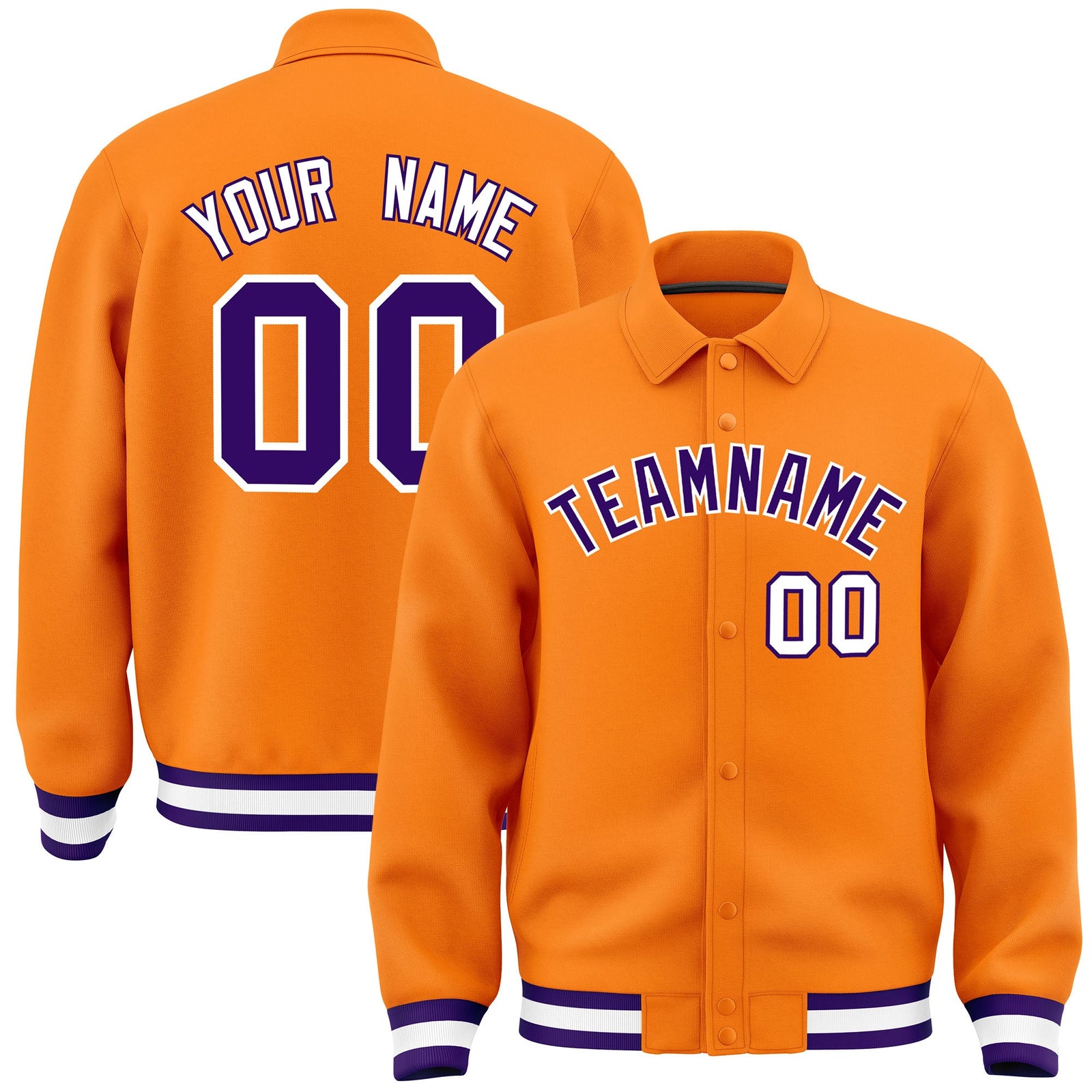 Custom Orange, Purple, White collared coach jacket - front and back view - Style 4 | KXKSHOP