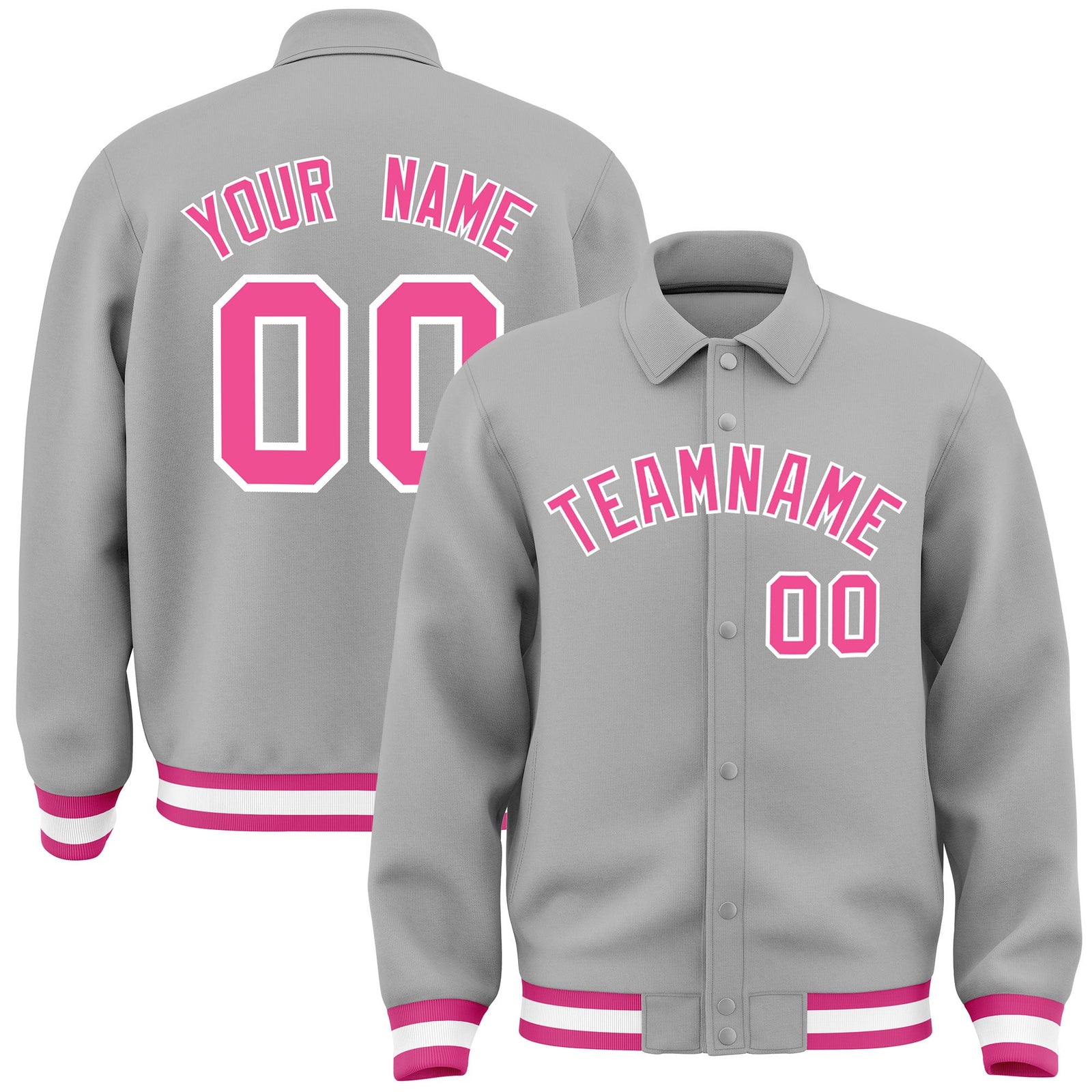 Custom Grey, Pink, White collared coach jacket - front and back view - Style 4 | KXKSHOP