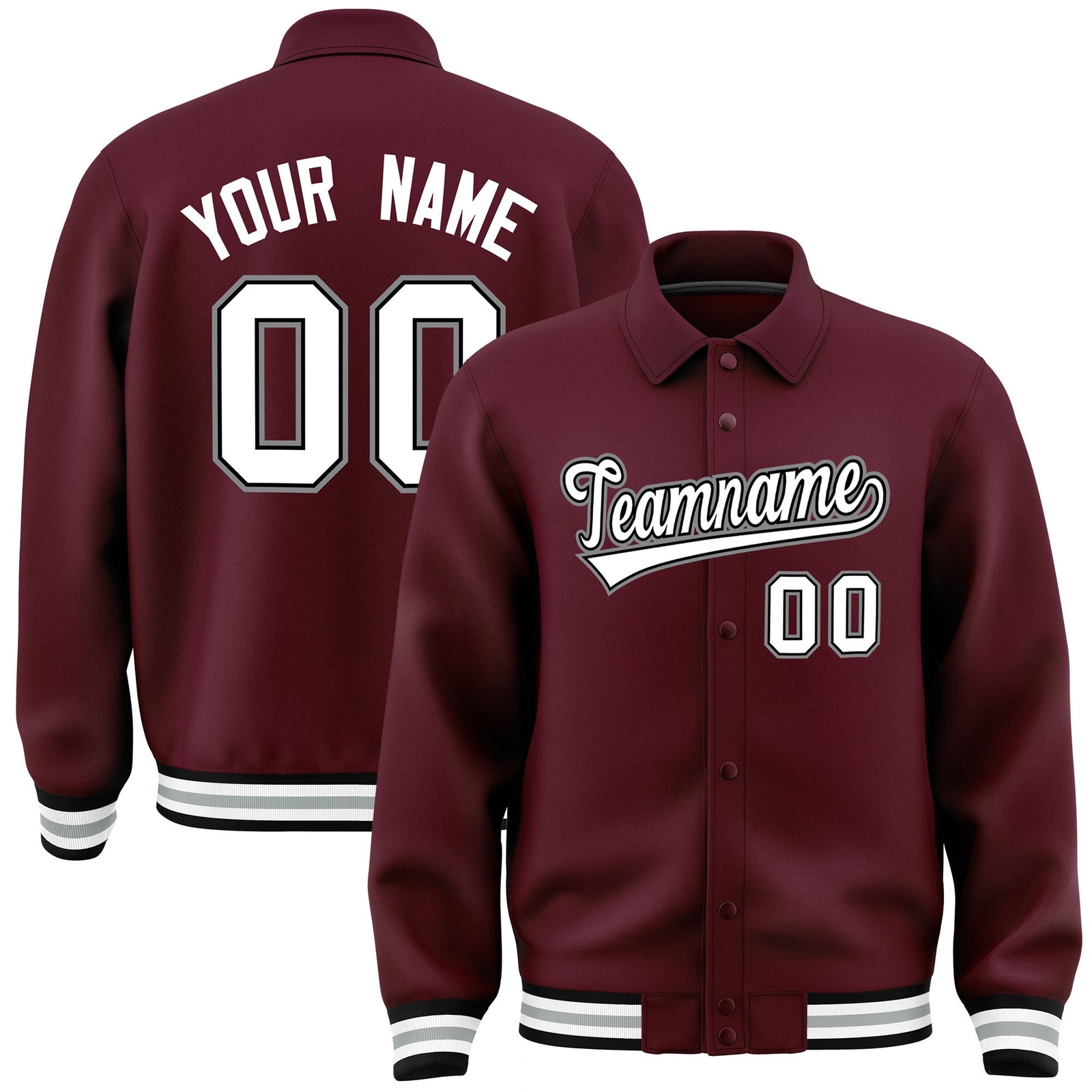 Custom Burgundy, White, Black, Grey collared coach jacket - front and back view - Style 2 | KXKSHOP