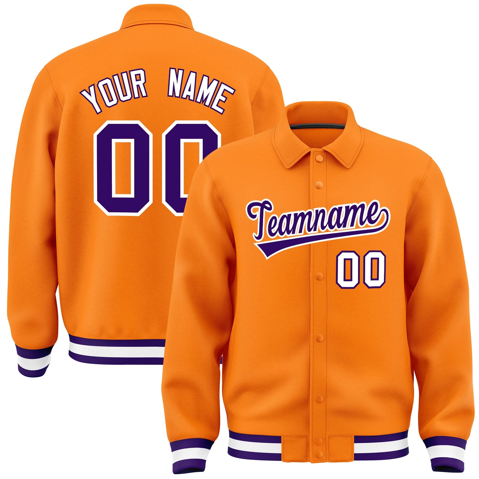 Custom Orange, Purple, White collared coach jacket - front and back view - Style 2 | KXKSHOP