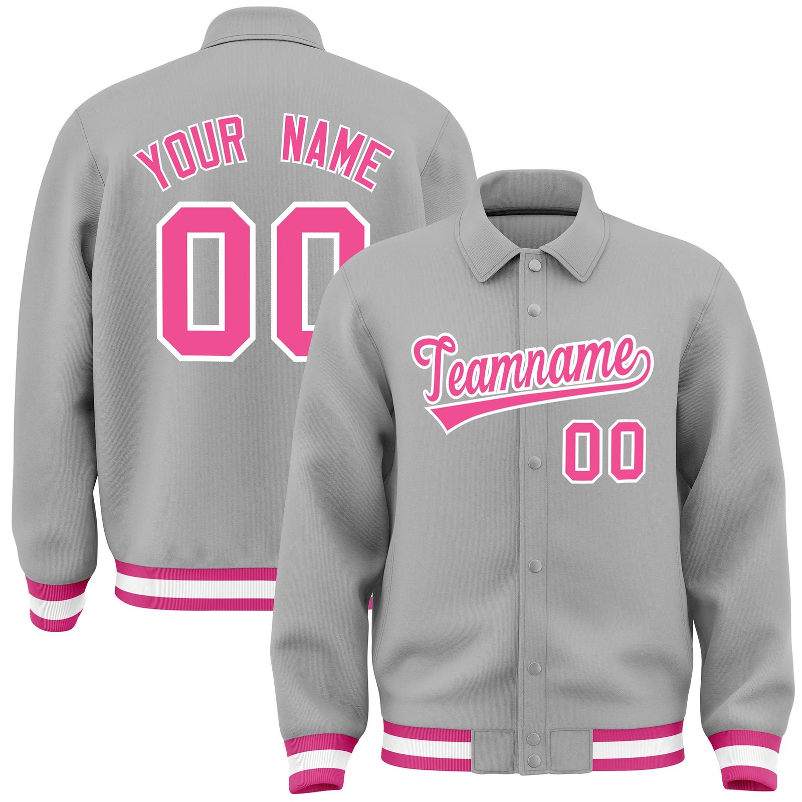 Custom Grey, Pink, White collared coach jacket - front and back view - Style 2 | KXKSHOP