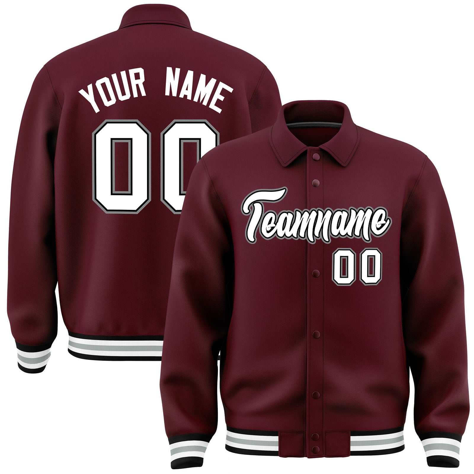 Custom Burgundy, White, Black, Grey collared coach jacket - front and back view - Style 3 | KXKSHOP