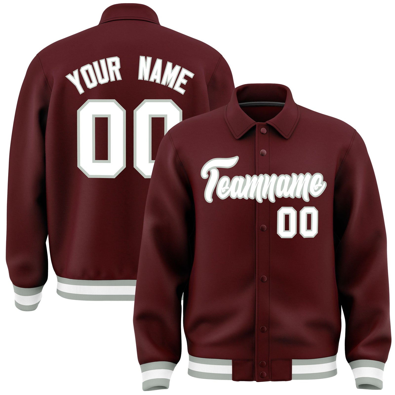 Custom Burgundy, White, Grey collared coach jacket - front and back view - Style 3 | KXKSHOP