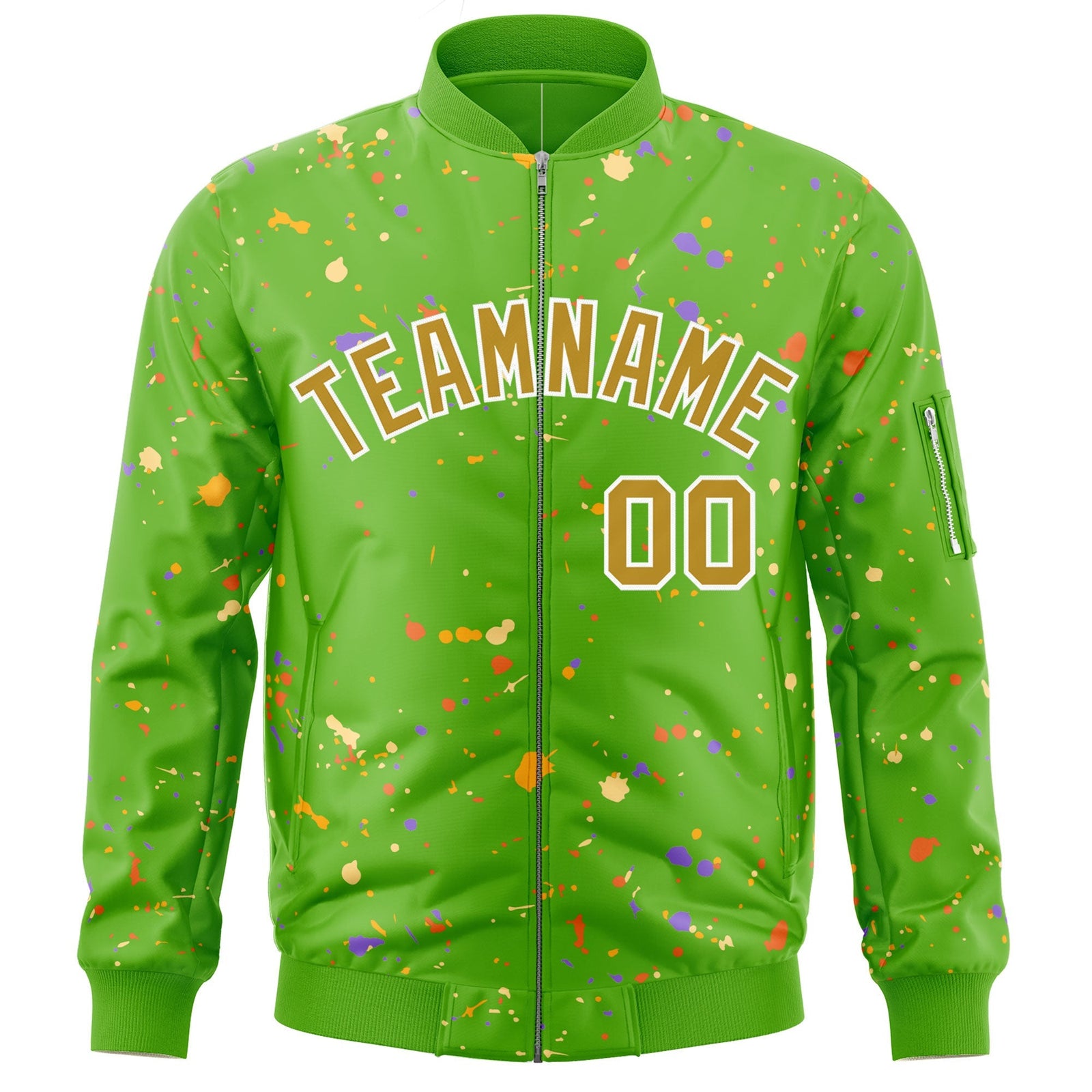 Custom Green Old Gold-White Varsity Full-Zip Splash Graffiti Pattern Letterman Jacket