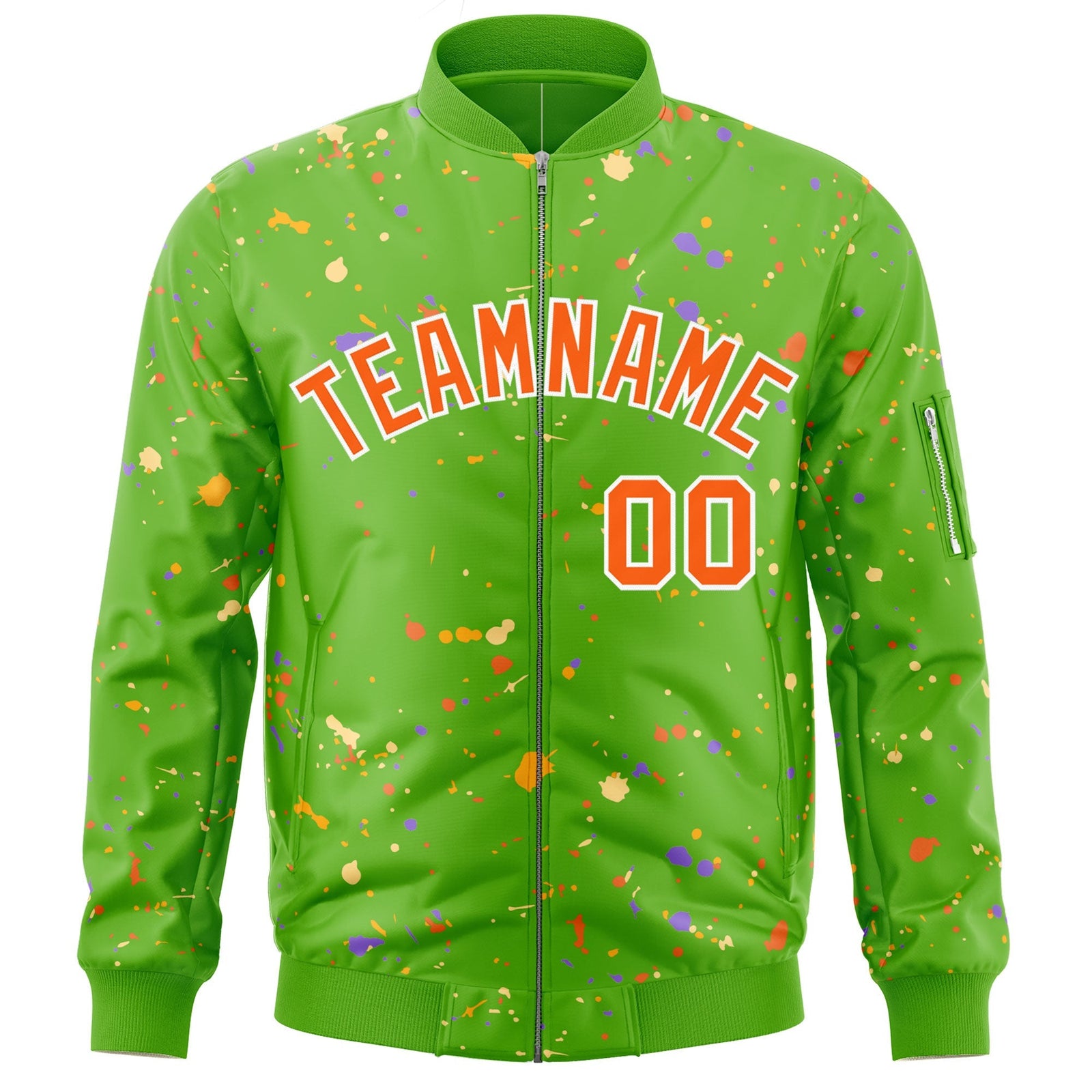 Custom Green Orange-White Varsity Full-Zip Splash Graffiti Pattern Letterman Jacket