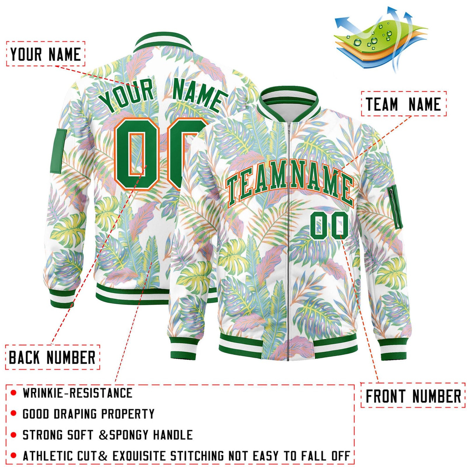 Custom Kelly Green Varsity Full-Zip Hawaii Letterman Bomber Jacket