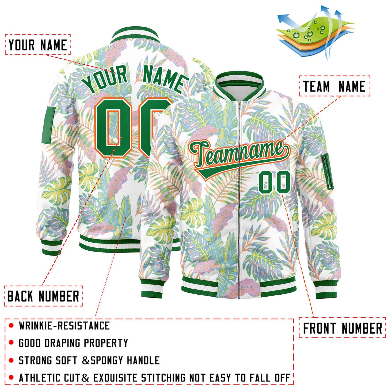 Custom Kelly Green Varsity Full-Zip Hawaii Letterman Bomber Jacket