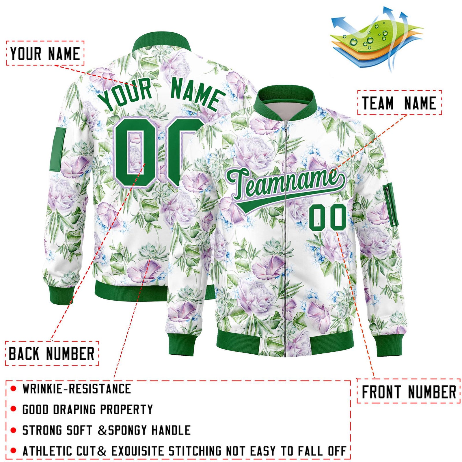 Custom Kelly Green Varsity Full-Zip Hawaii Letterman Bomber Jacket
