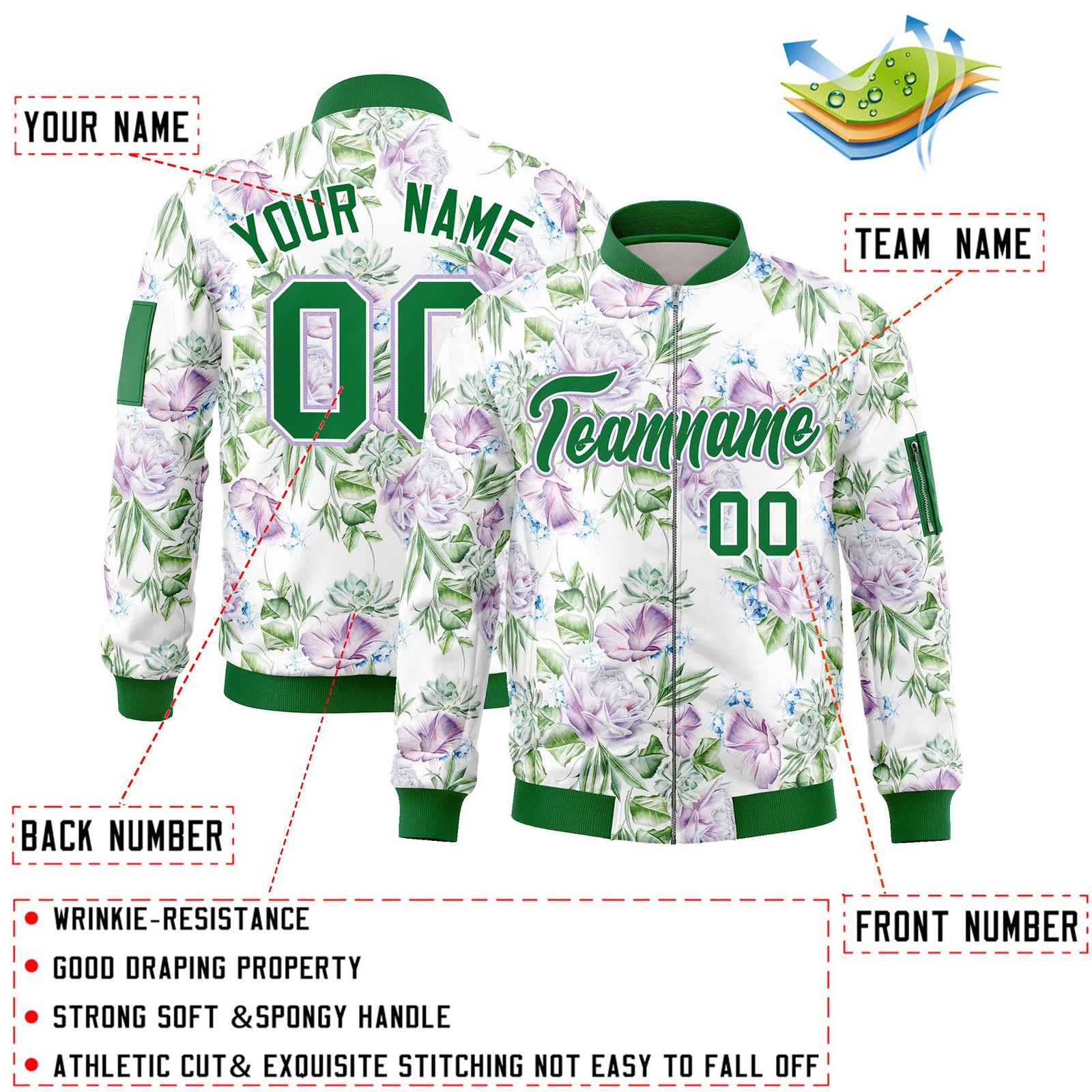 Custom Kelly Green Varsity Full-Zip Hawaii Letterman Bomber Jacket