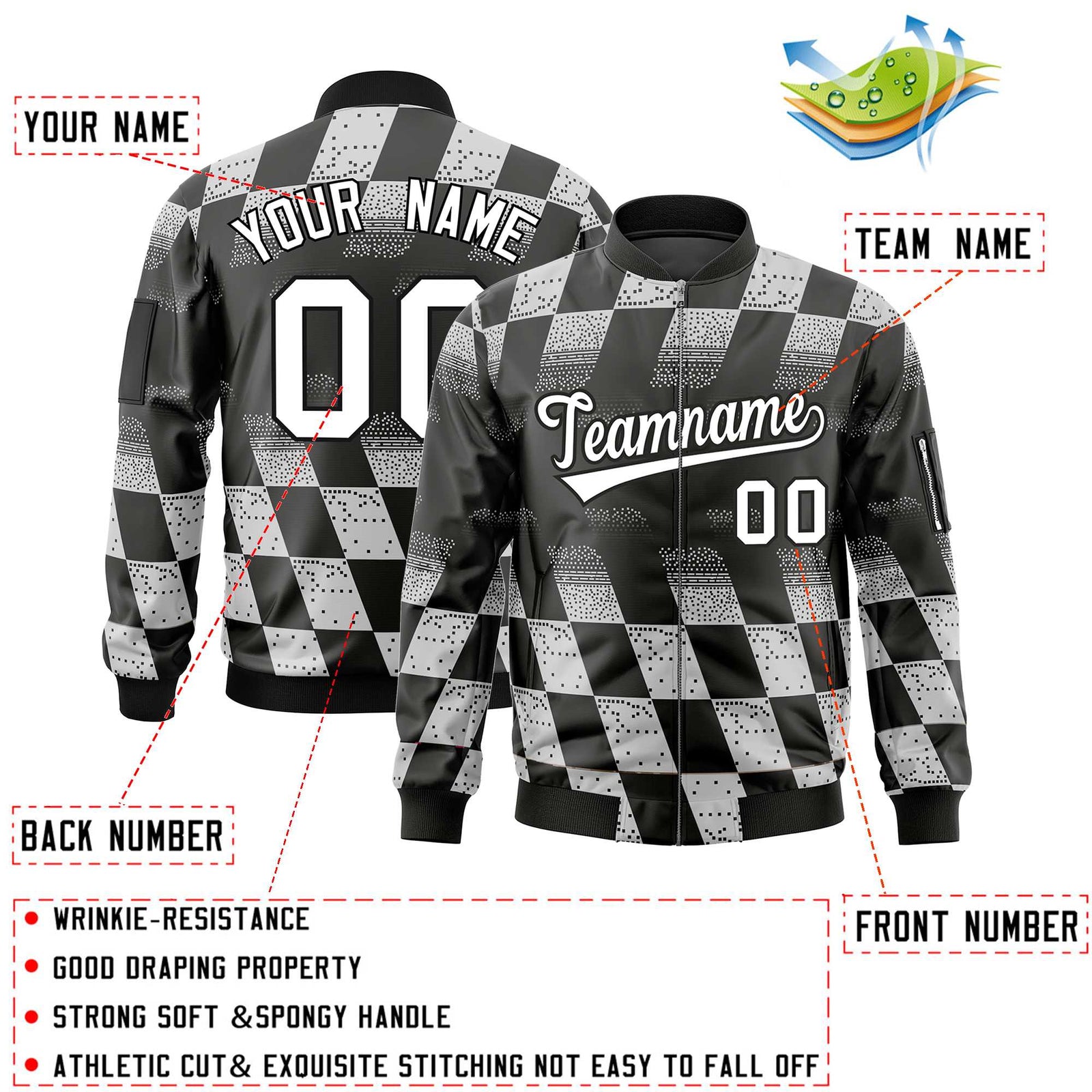 Custom Black White Grid Varsity Full-Zip Color Block Letterman Bomber Jacket