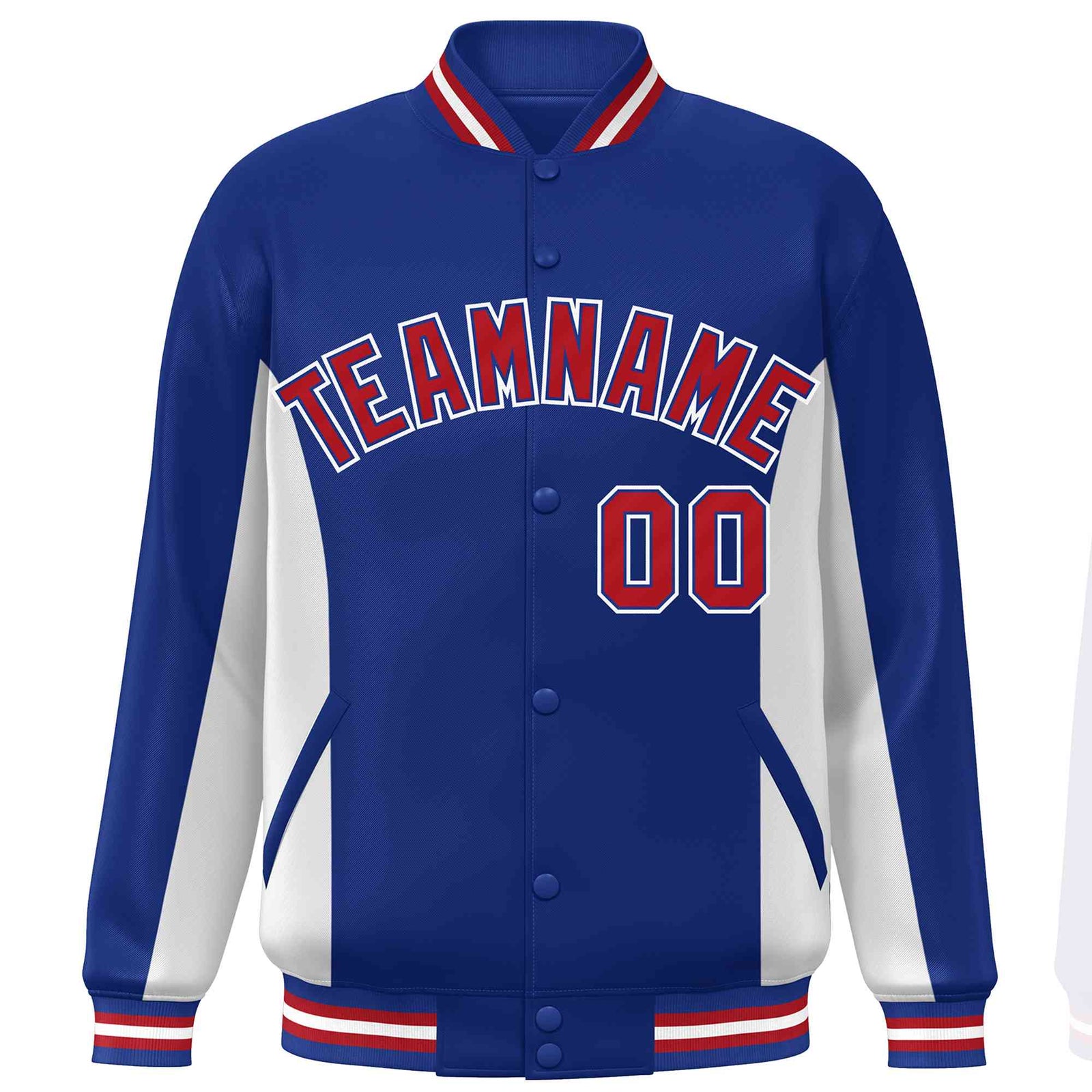 Custom Royal White-Red Varsity Full-Snap Color Block Letterman Baseball Jacket