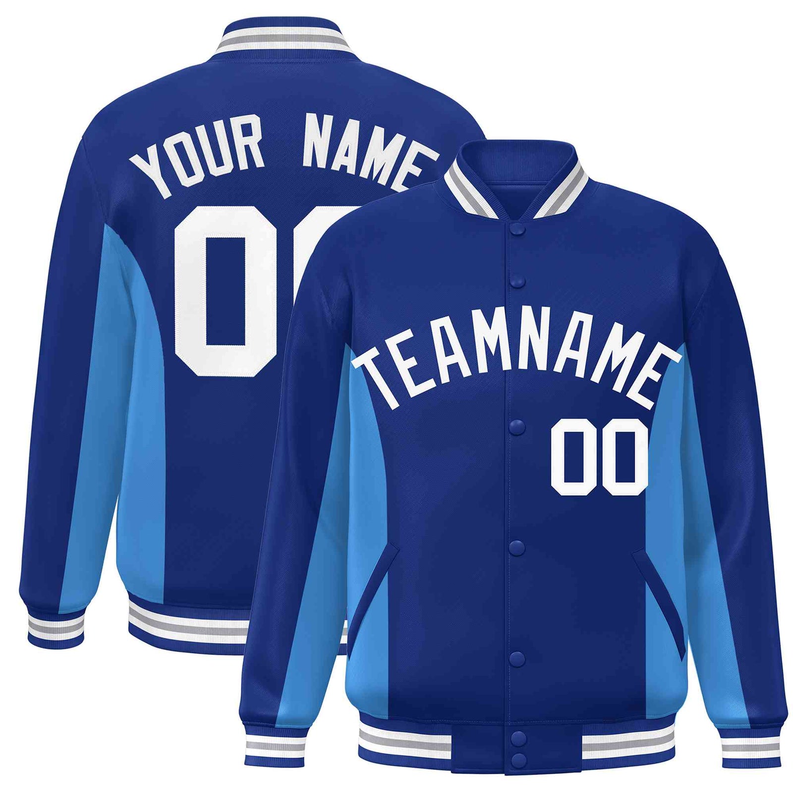 Custom Royal Powder Blue-White Varsity Full-Snap Color Block Letterman Baseball Jacket
